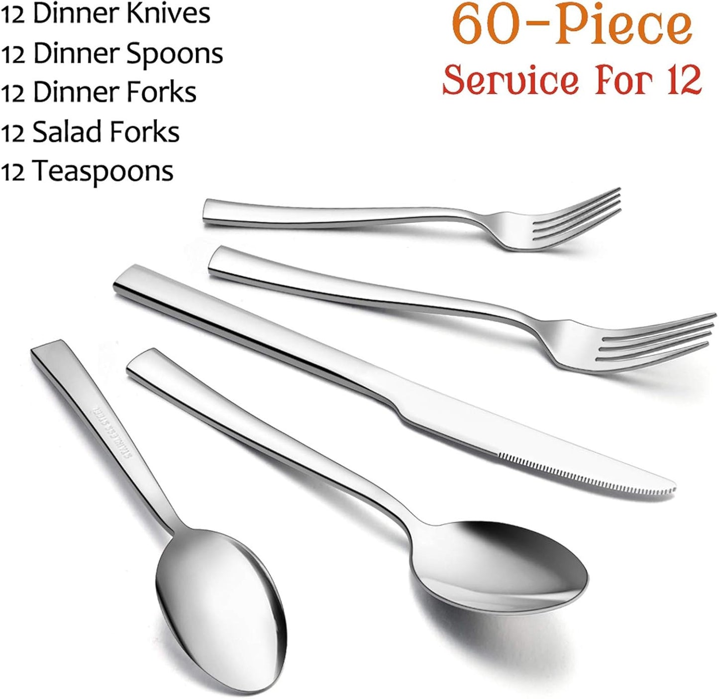 60-Piece Silverware Set, Vesteel Stainless Steel Flatware Set Service for 12, Modern Tableware Cutlery Set for Home and Restaurant, Square Edge & Mirror Finish, Dishwasher Safe