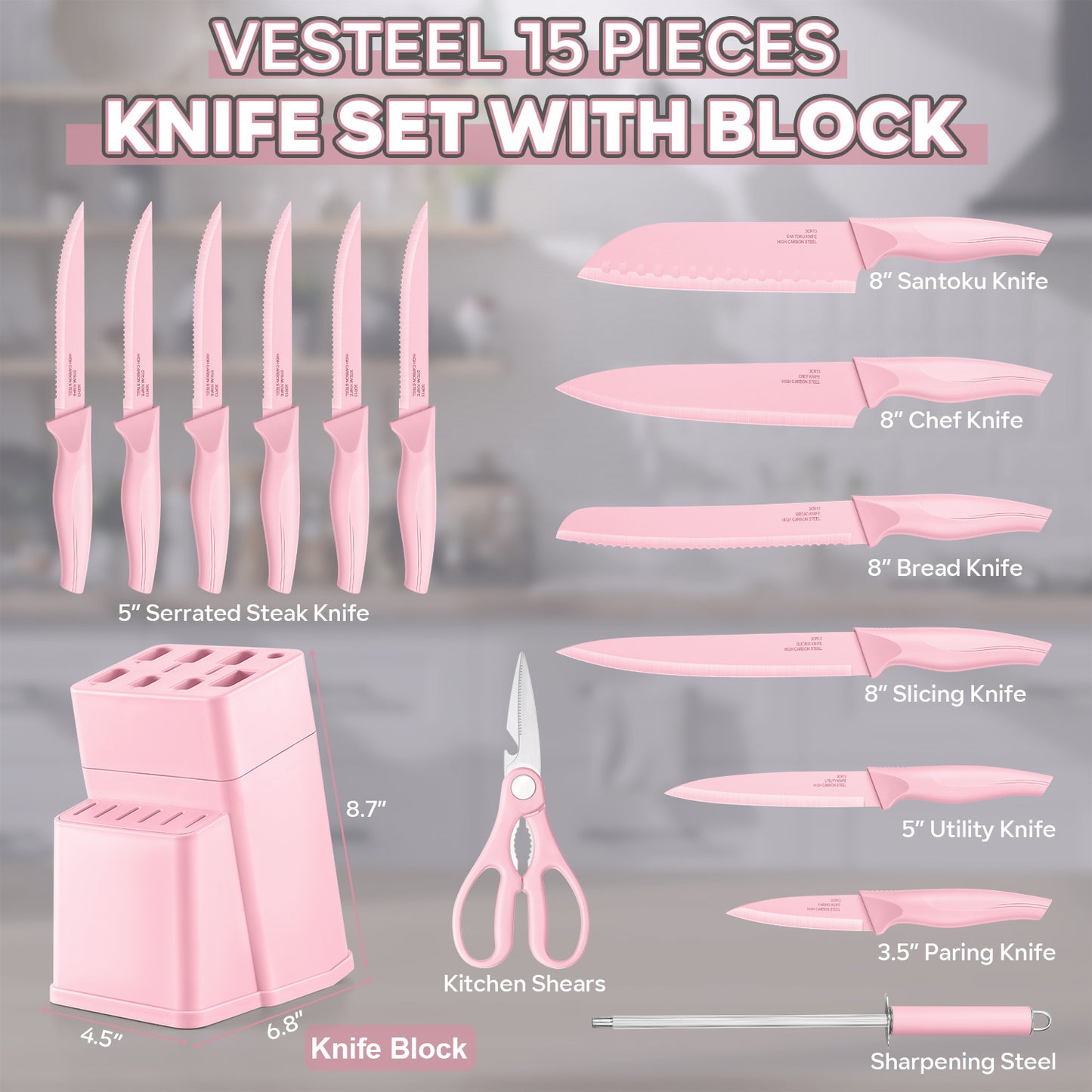 Vesteel Knife Set for Kitchen with Block, 15 Pcs Stainless Steel Kitchen Knives Set with Sharpener Kitchen Shears - Pink