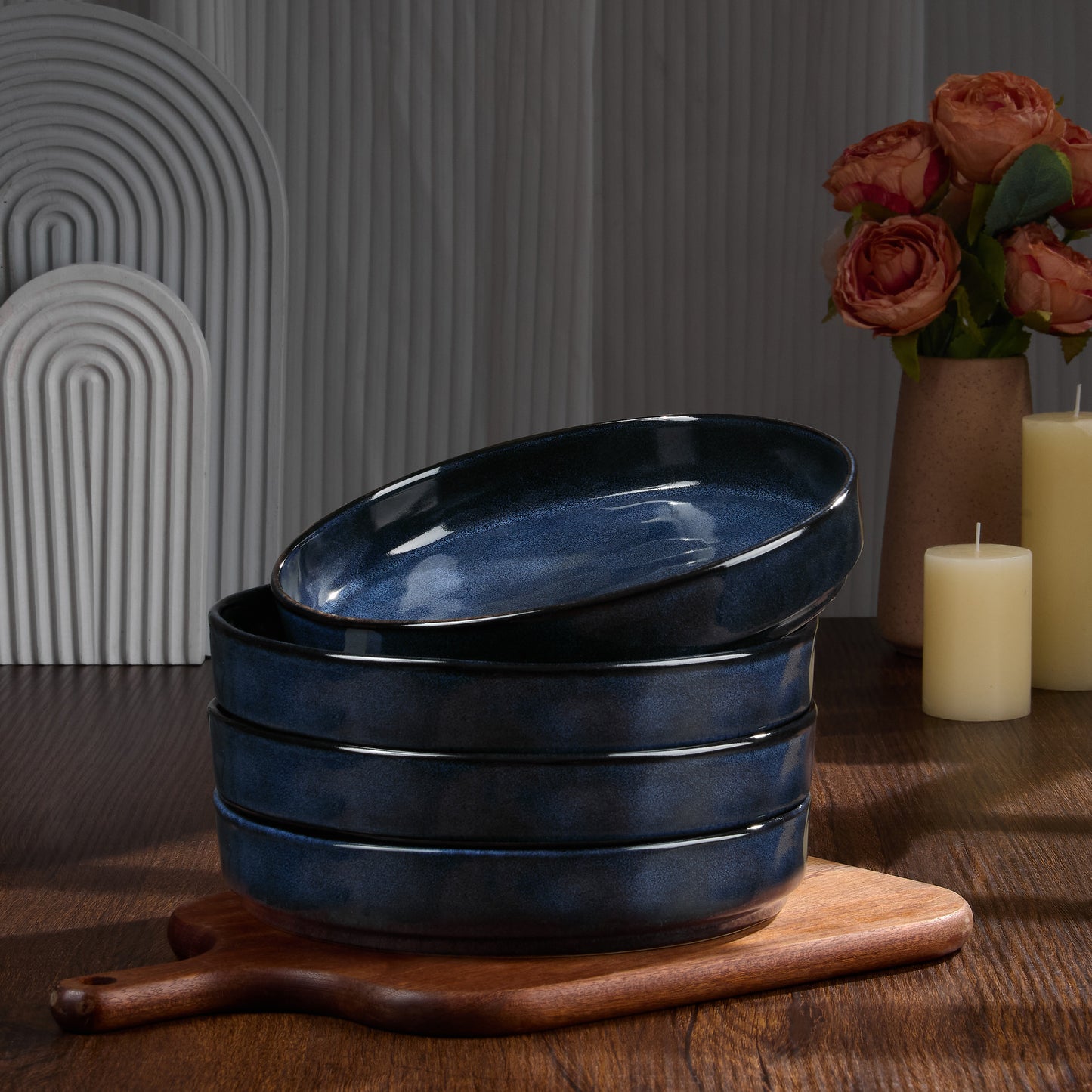 Vesteel Pasta Bowls Set of 4, 32oz Stoneware Salad Bowl, Large Dinner Bowls for Eating Serving Soup Noodle Pasta, Microwave & Dishwasher Safe, Ocean Blue