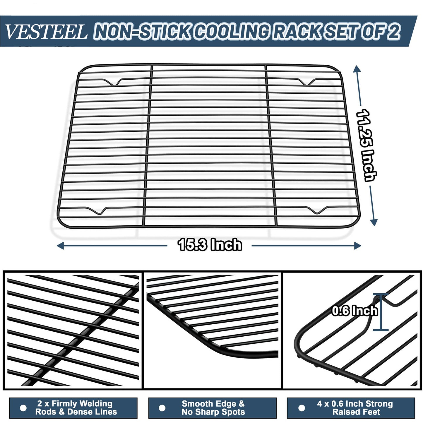 Vesteel Nonstick Cooling Racks Set of 2, Stainless Steel Baking Racks for Baking, Roasting, Cooling, Grilling - 15.3” x 11.25”