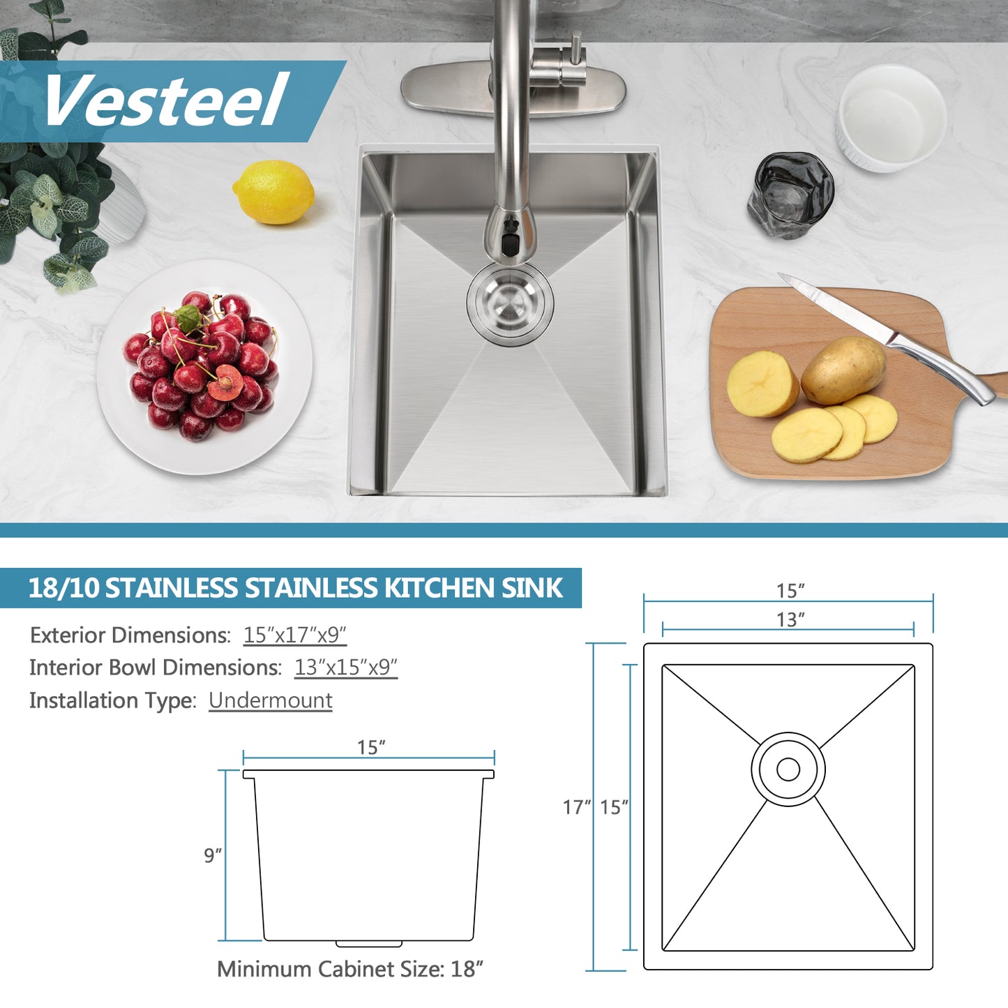 Vesteel Stainless Steel Kitchen Sink, 25” x 22” Single Bowl Drop in Kitchen Sink Topmount Sink, 10 inch Deep Workstation Sink Basin with 2 Sink