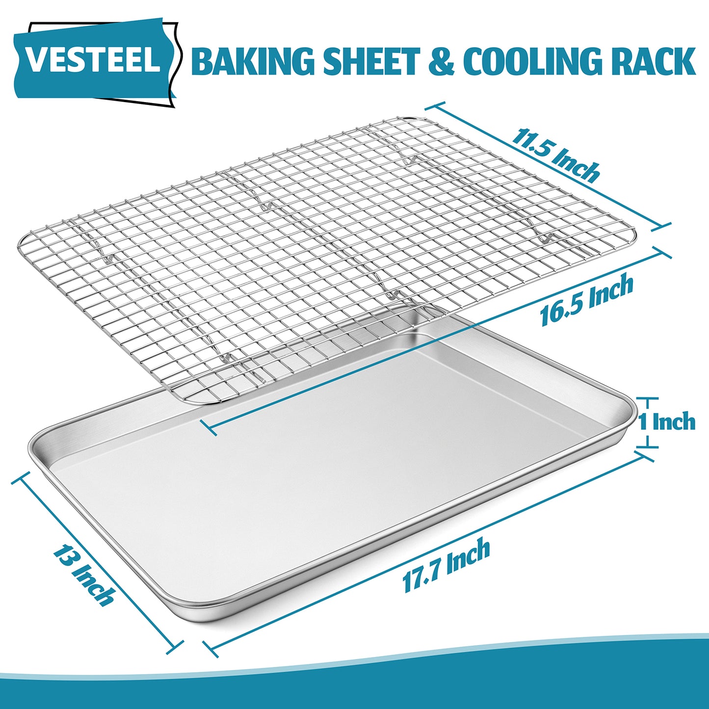 Vesteel Baking Sheet and Rack Set, Stainless Steel Extra Large Rectangle Baking Cookie Sheet Oven Tray and Cooling Grid Rack - 17.7" x 13" x 1"