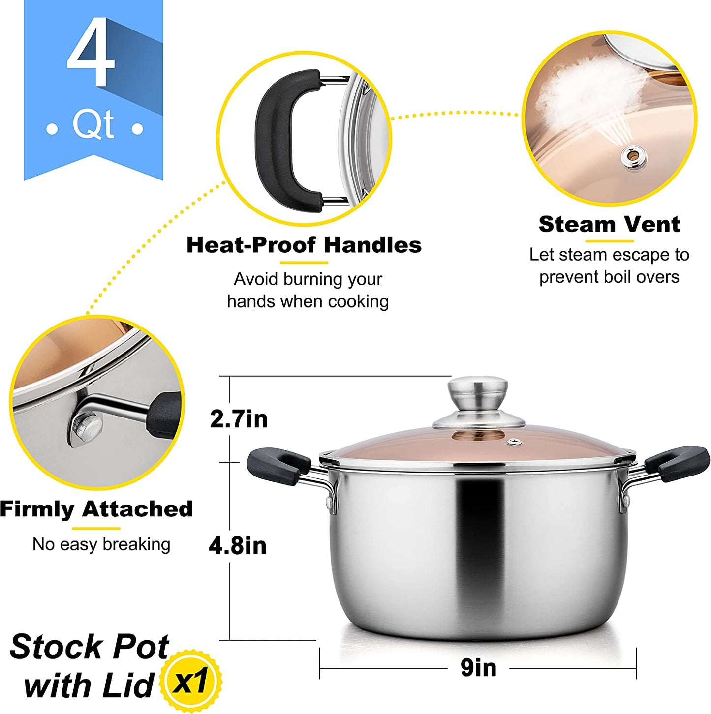VeSteel 4 Quart Stock pot with Lid, Stainless Steel Soup Pasta Pot, Heat-Proof Double Handles - Dishwasher Safe
