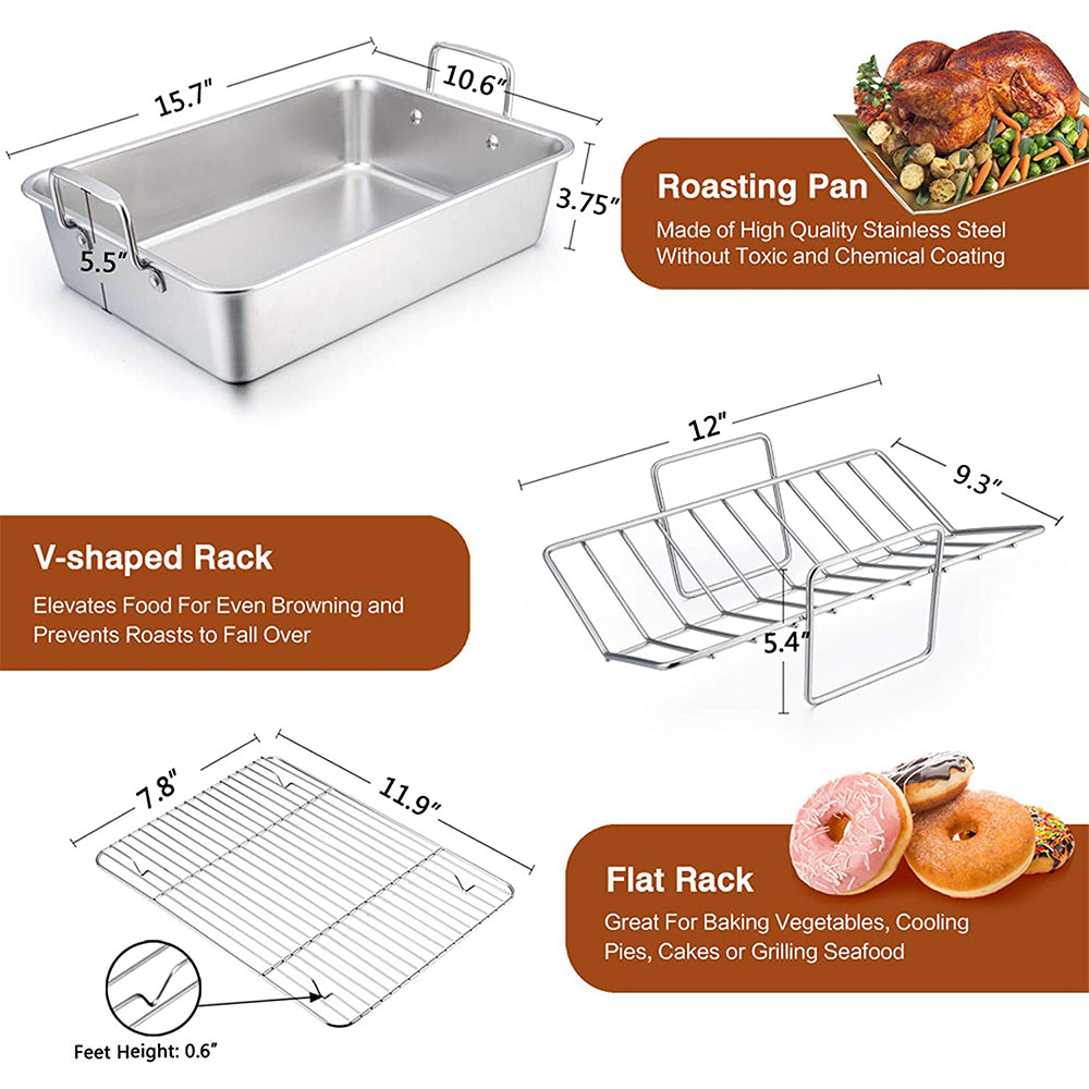 Roasting Pan, VeSteel 14 Inch Stainless Steel Turkey Roaster with Rack, Include Deep Lasagna Pan & V-Shaped Rack & Roasting Rack, Non-Toxic & Heavy Duty - Rectangular