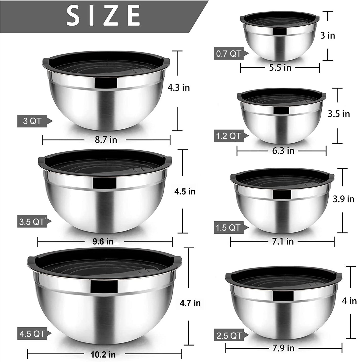 Vesteel 7 PCS Stainless Steel Mixing Bowls, Metal Nesting Salad Bowls with Lids, 4.5/3.5/3/2.5/1.5/1.2/0.7 QT - Black