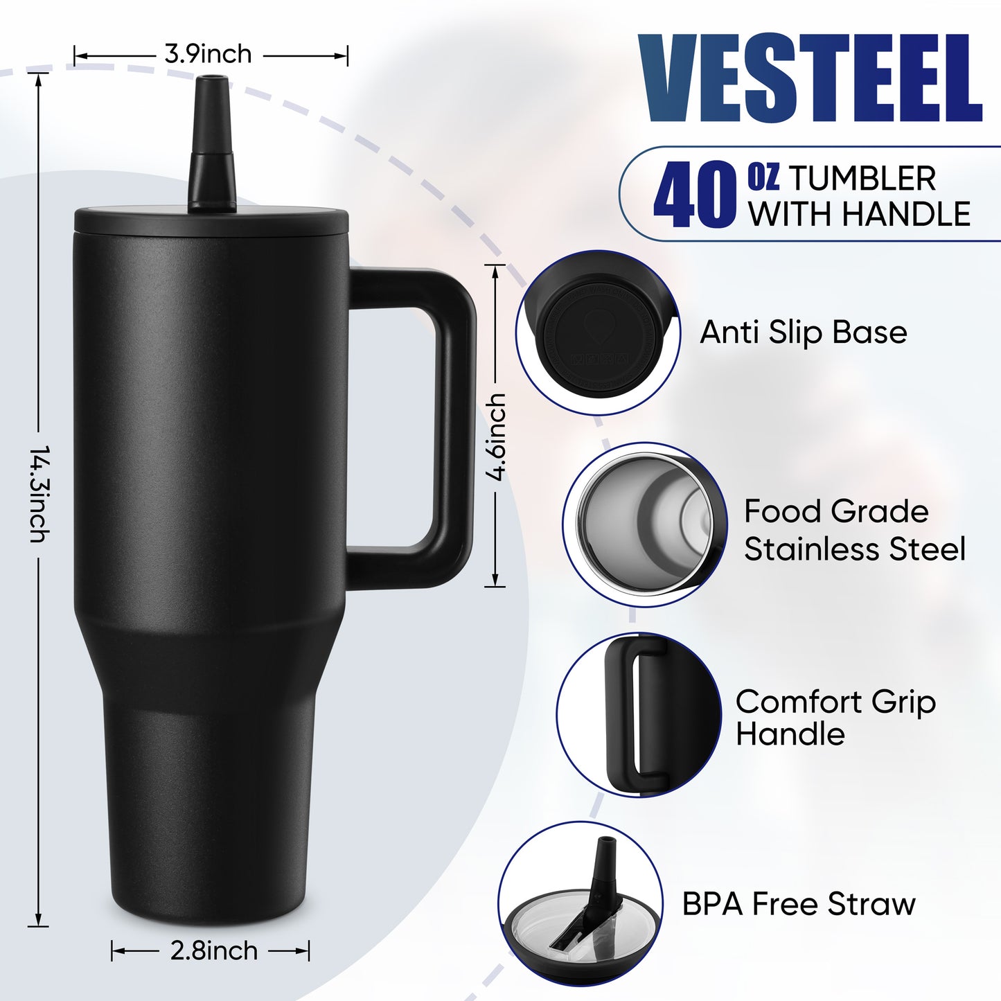 Vesteel 40 oz Stainless Steel Tumbler with Handle & Straw Lid, Vacuum Insulated Travel Mug, Leak Resistant Water Bottle for Water Ice Tea Coffee and Beverages, Gifts for Festival, Black