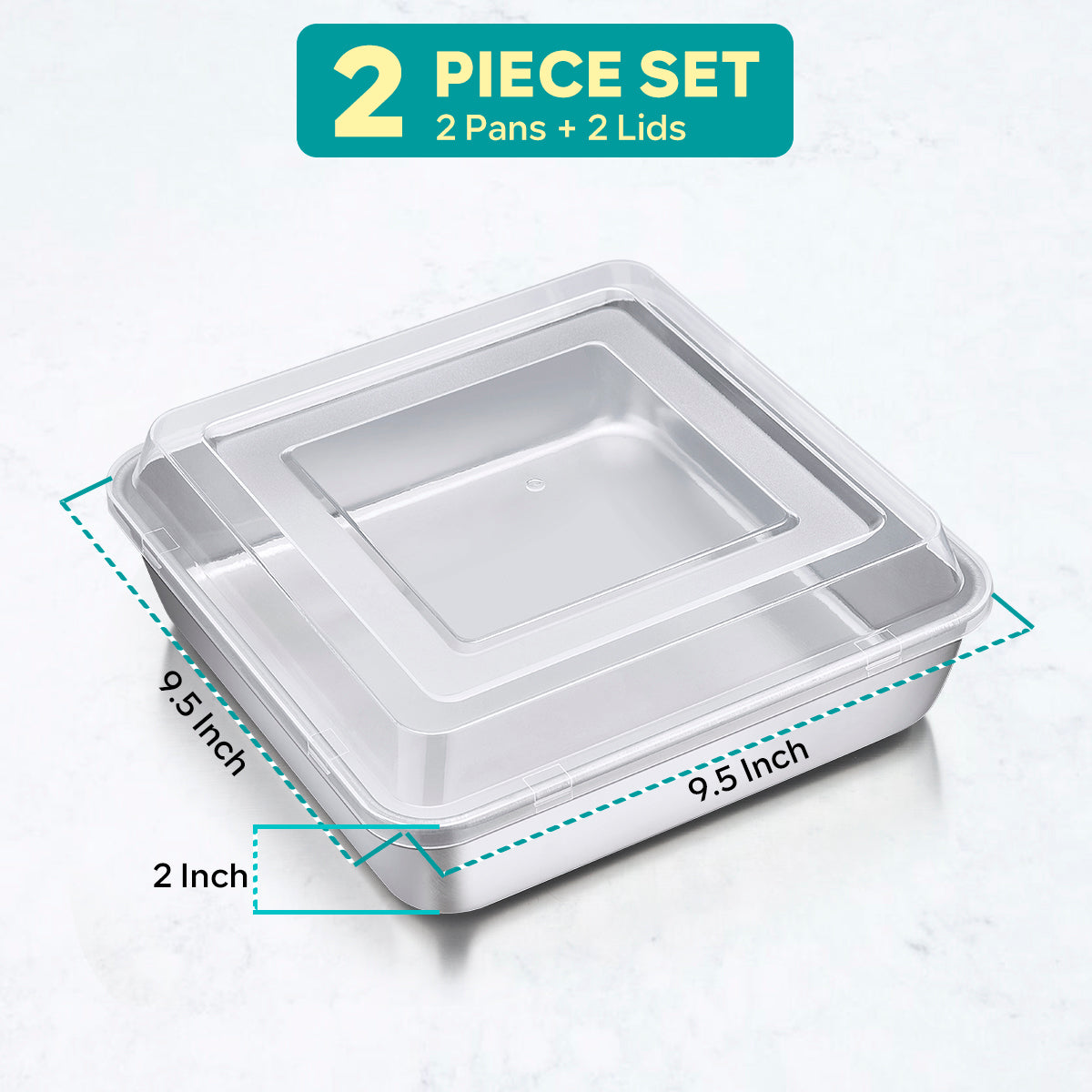 9 inch Square Cake Pan with Lid, Vesteel Non-Stick Stainless Steel Rectangle Brownies Baking Pan Set of 4, Non-Toxic & Warp Resistant, Rust Free & Dishwasher Safe (2 Pans + 2 Lids)