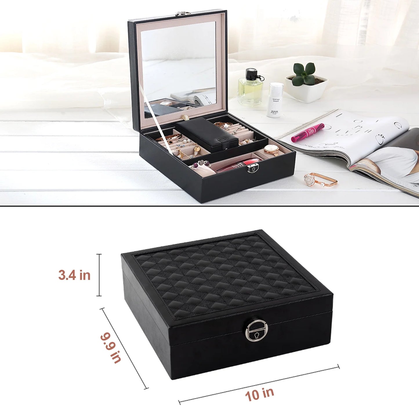 Vesteel Jewelry Box, 2-Layer Jewelry Storage Organizer with Built-in Mirror, Lockable Jewelry Case for Women Girl - Black