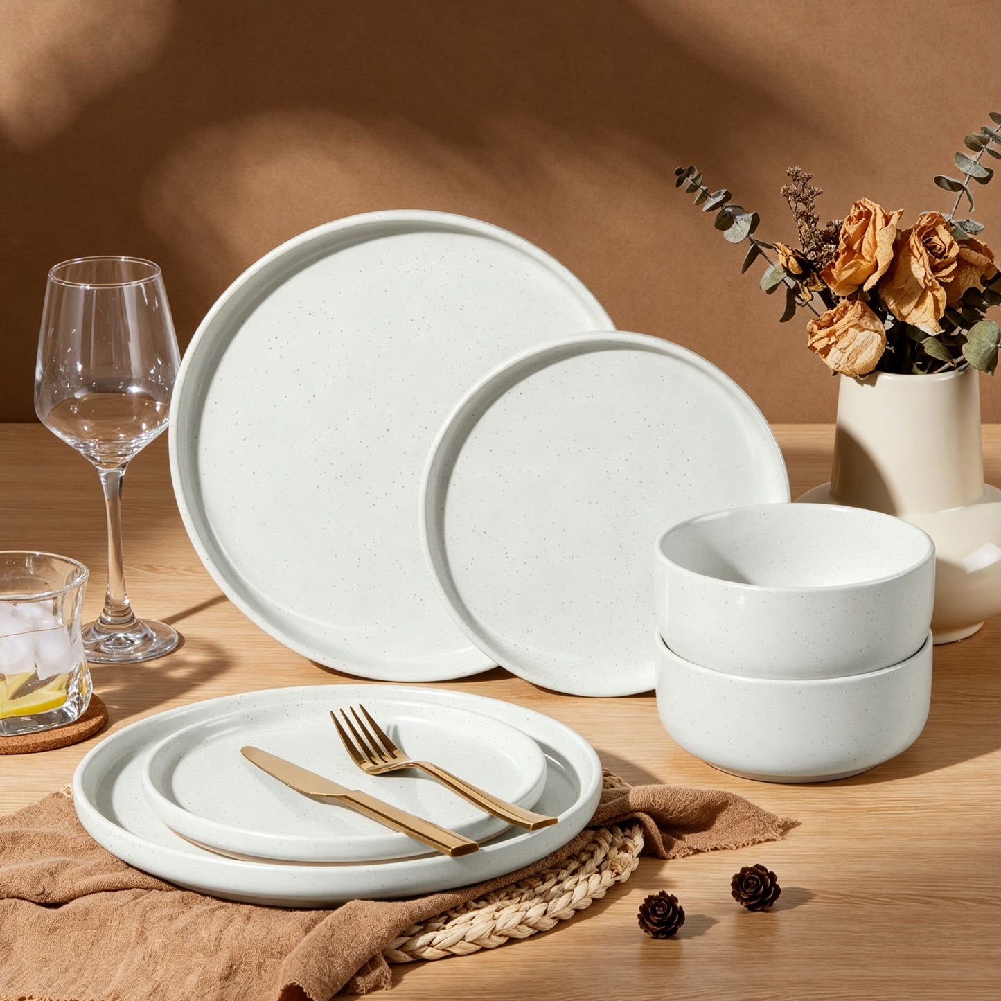 Vesteel Stoneware Dinnerware Sets for 2, 6 Pieces Ceramic Plates and Bowls Sets, Elegant Dishes with Rustic Terracotta Base, Dishwasher & Microwave Safe, Scratch Resistant, Speckled White