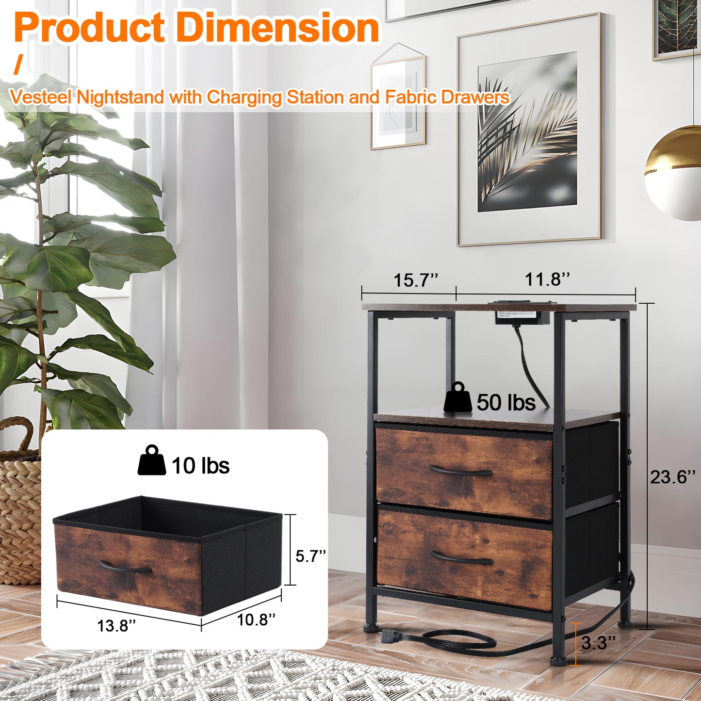 Vesteel Night Stand With Charging Station, Bed Side Table with 2 Fabric Drawers & 2-Tier Shelves, End Table with Sturdy Steel Frame for Bedroom Office Hallway Living Room - Rustic Brown