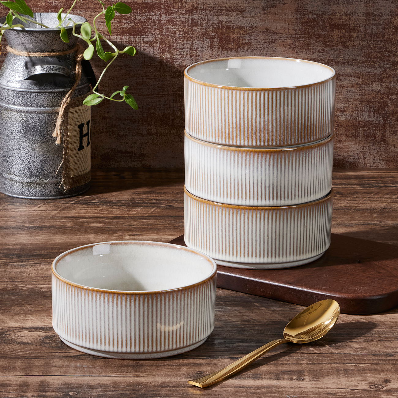 Vesteel Cereal Bowl for 4, 26oz Stoneware Soup Bowls with Textured Stripes, 4-Piece Ceramic Kitchen Bowls for Salad Fruit Pasta Soup, Dishwasher Safe & Microwave Safe, Seashell White