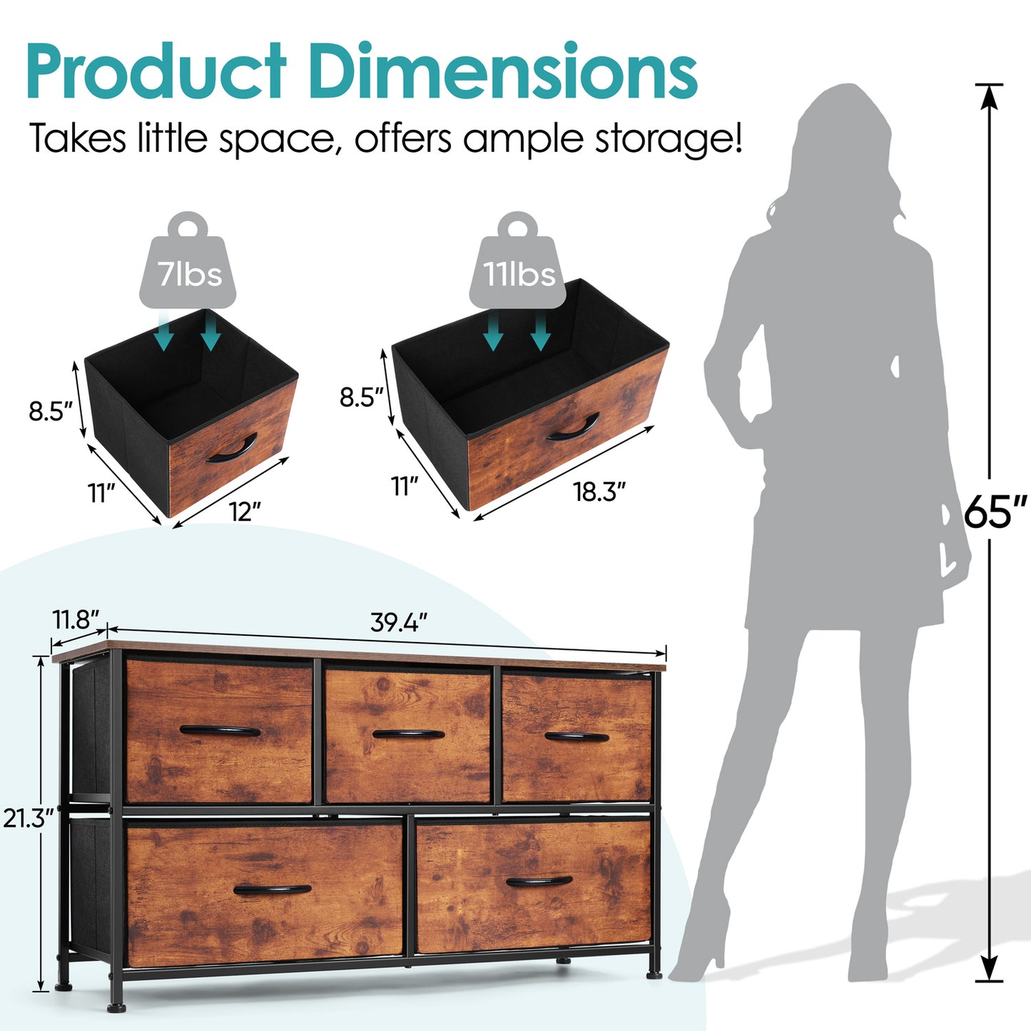 Vesteel 5 Drawer Dresser for Bedroom, Wide Chest of Drawers, Organizer Storage Cabinet with Fabric Drawers and Wooden Top, Closet for Living Room, Entryway, Nursery, Farmhouse - Rustic Brown