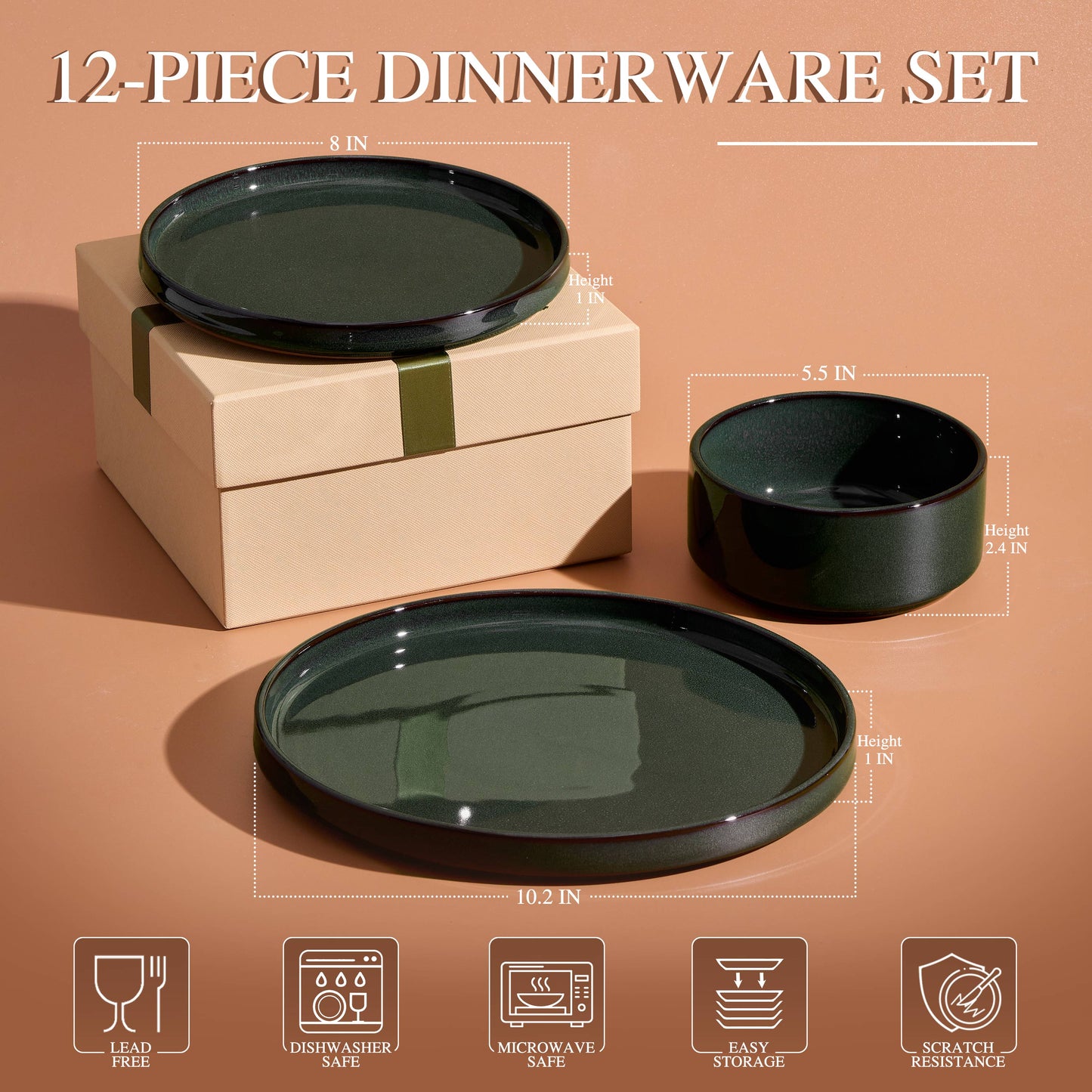 Vesteel 12-Piece Dinnerware Set, Ceramic Tableware Reactive Glaze Plates and Bowls Sets, Healthy Yixing Purple Clay Dishes Set, Dishwasher & Microwave Safe - Blackish Green