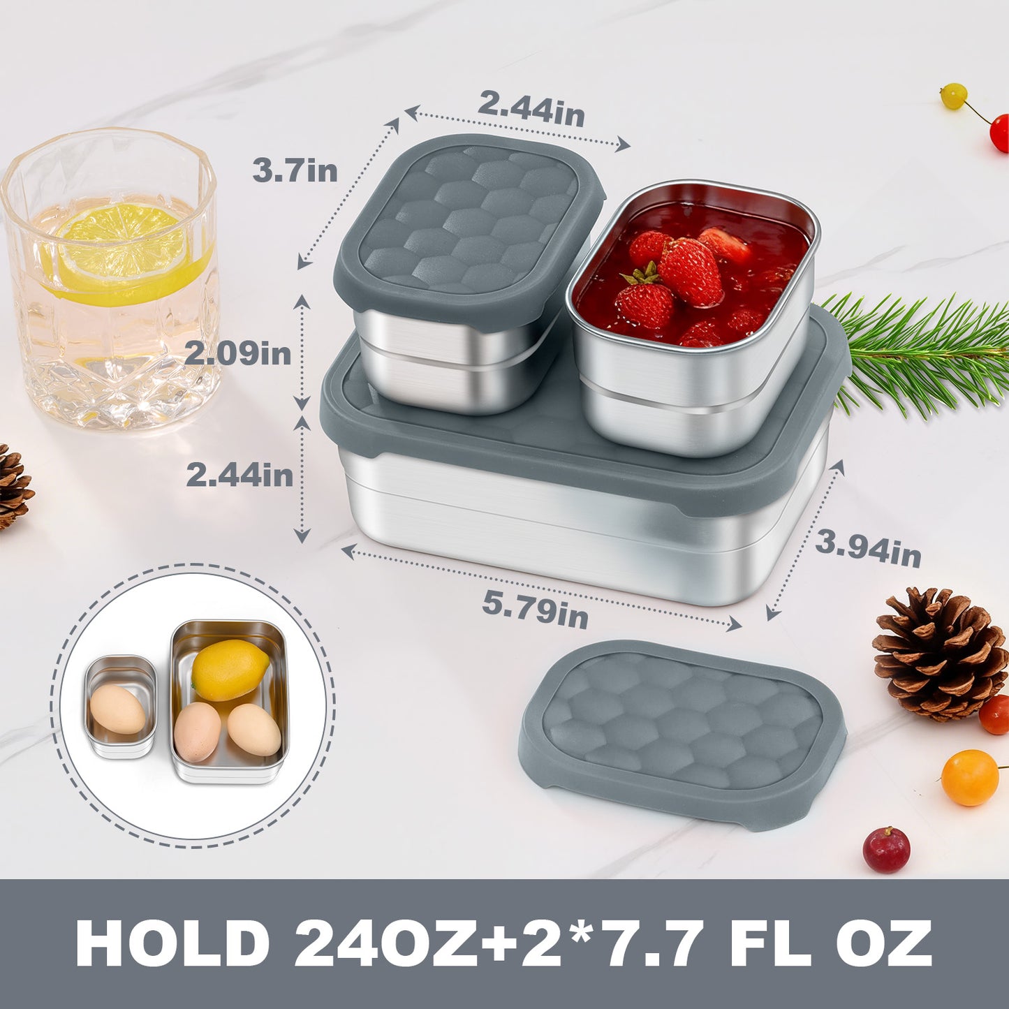 Vesteel Stainless Steel Lunch Container Set, Leak Proof Bento Box with Silicone Lids, Portable Metal Lunch Box for School and Daycare(25OZ + 8OZ*2), Grey
