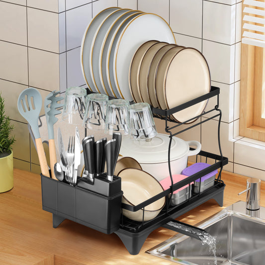 Vesteel Large Dish Drying Rack, Stainless Steel Dish Rack with Drainboard for Kitchen Counter, 2-Tier Rustproof Dish Drainer with Utensil Holder for Sink, Space Saving, Black