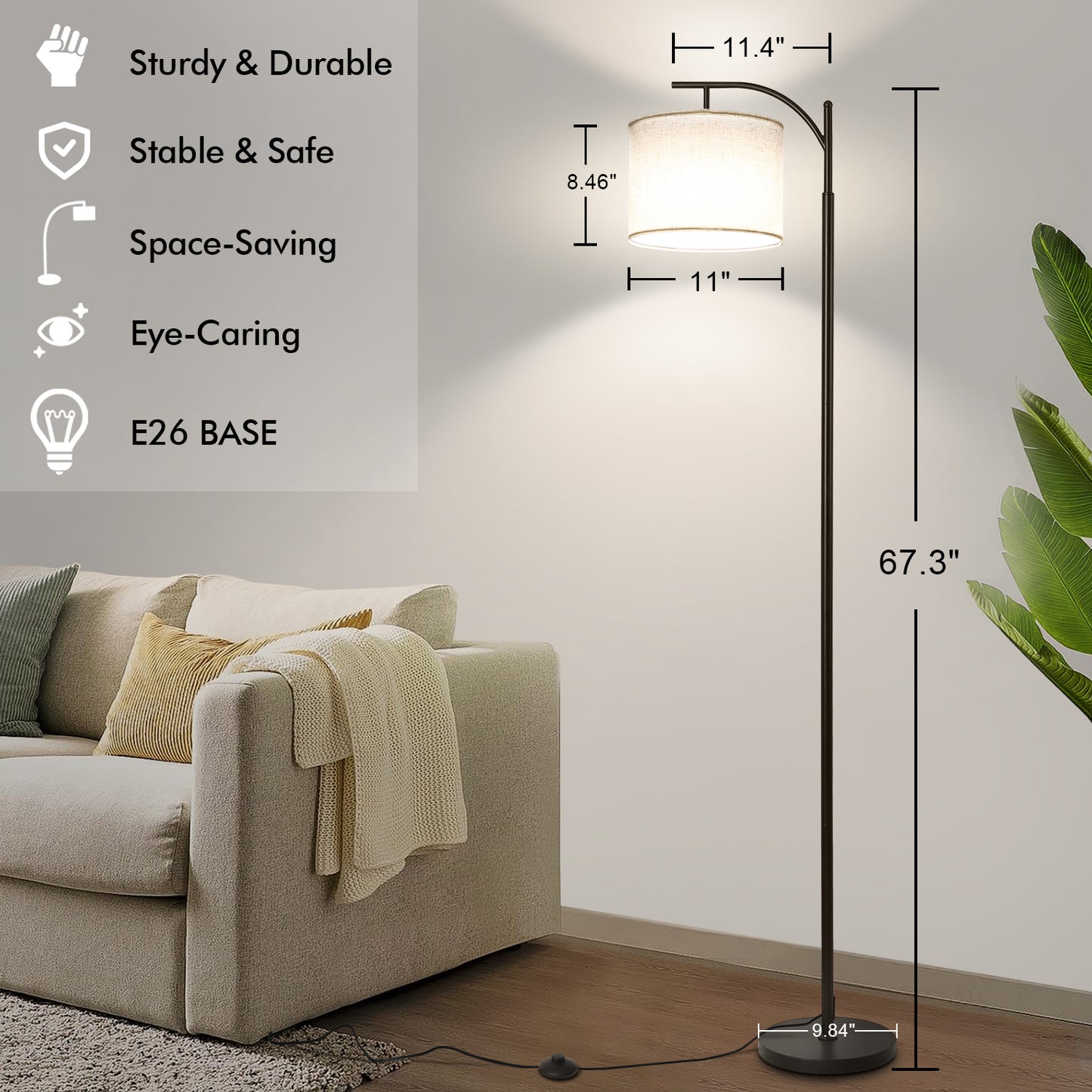Vesteel Floor Lamp, Modern Standing Lamp with 3 ColorTemperatures LED Bulb & Linen Lampshade, Arch Floor Lamp for Living Room Bedroom Office