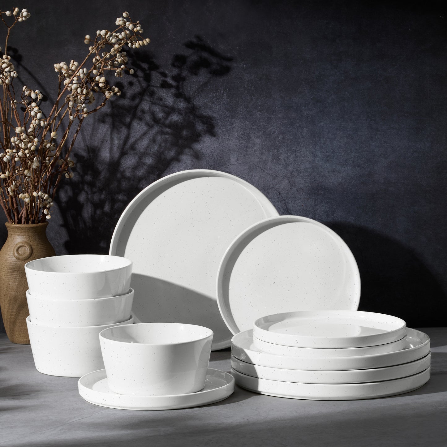 Vesteel Dinnerware Sets for 4, 12Pcs Stoneware Plates and Bowls Sets, Elegant Tableware set for Home Restaurant, Chip & Scratch Resistant Dishes Set , Speckle White