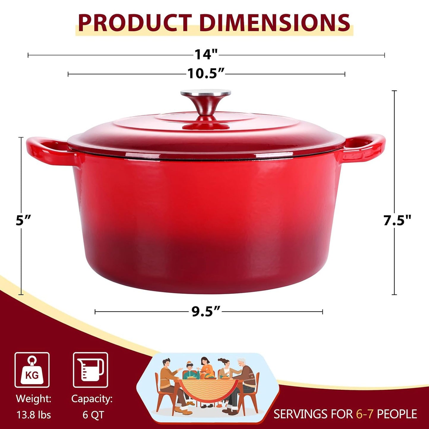 Vesteel Enameled Cast Iron Dutch Oven with Lid, 6 Quart Round Dutch Oven Pot Nonstick Cookware for Braising, Stews, Roasting, Bread Baking, Cooking, Heavy Duty, Induction & Oven Safe - Red
