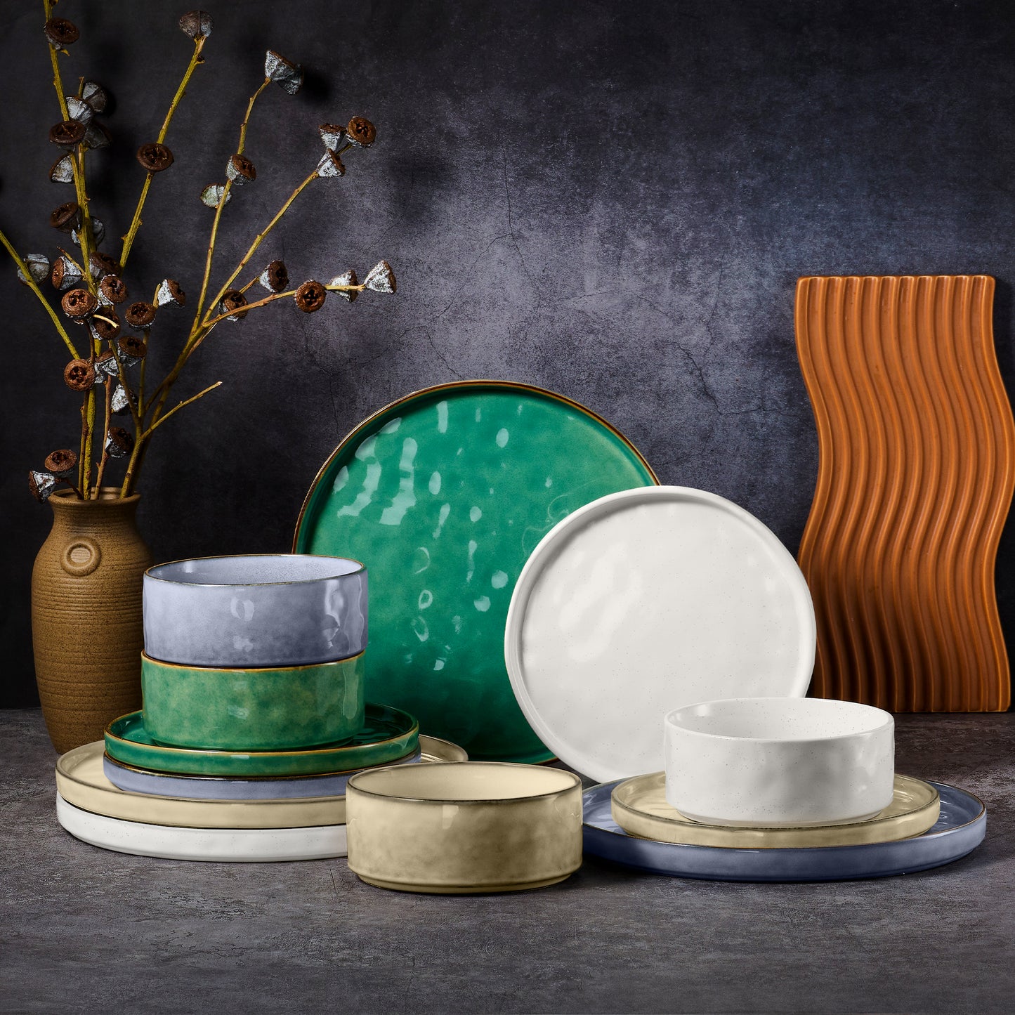 Vesteel Dinnerware Sets, 12-Piece Stoneware Plates and Bowls Set, Dishes Set for 4, Elegant Ceramic Dinnerware for Home Restaurant - Multi-color
