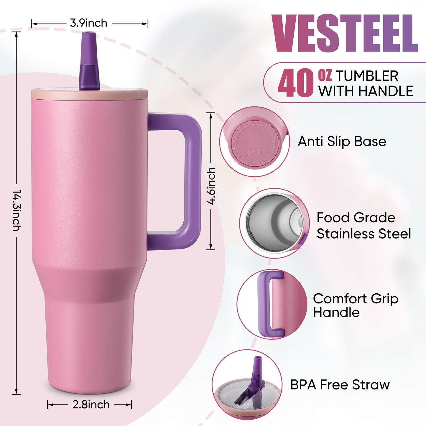 Vesteel 40 oz Stainless Steel Tumbler with Handle & Straw Lid, Vacuum Insulated Travel Mug, Leak Resistant Water Bottle for Water Ice Tea Coffee and Beverages, Gifts for Festival, Pink Sugar