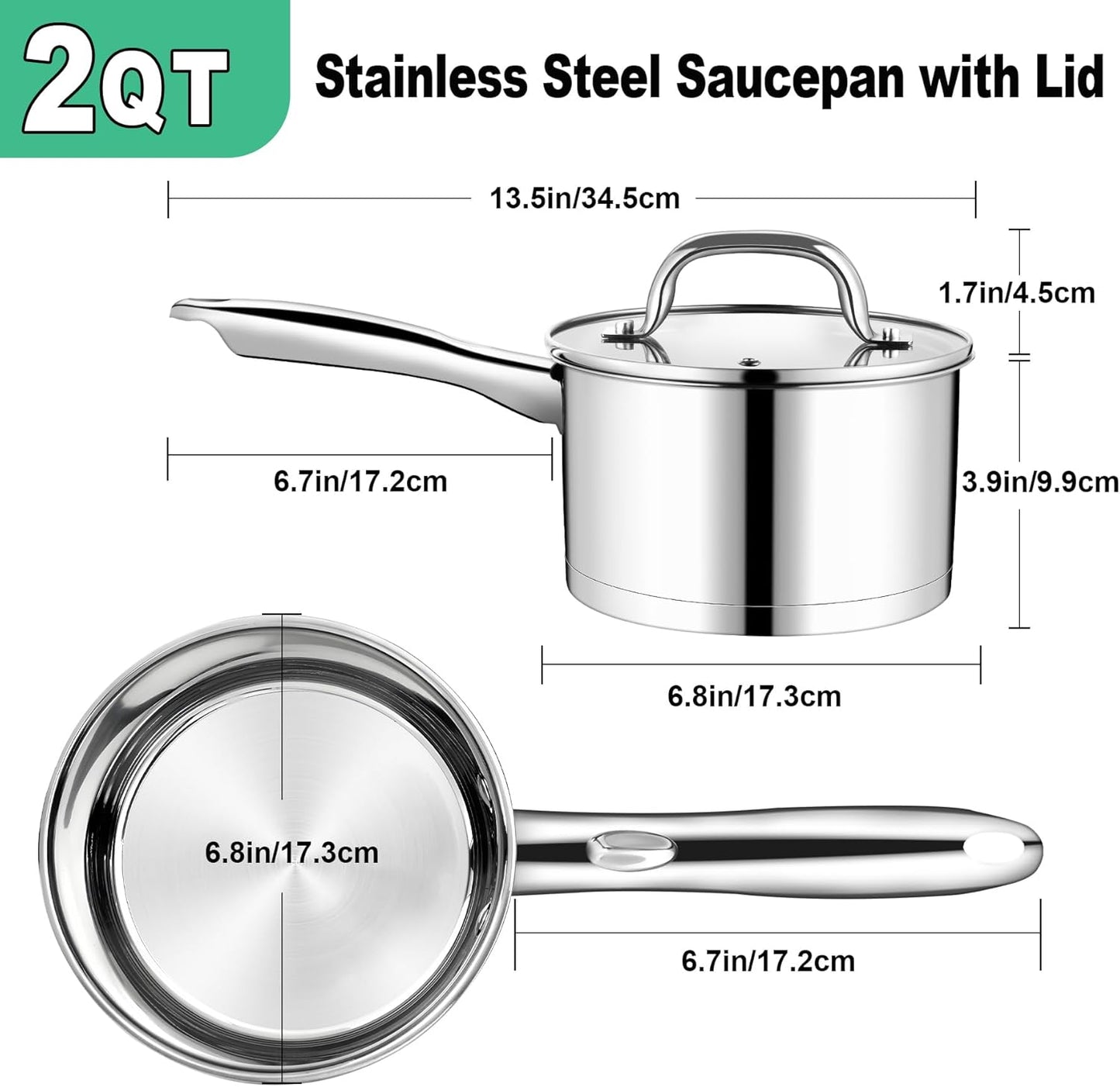 Vesteel 2QT Saucepan with Lid, Stainless Steel Small Sauce Pan, Tri-ply Composite Bottom, Heavy Duty Induction Cooking Pot for Warming Milk, Making Pasta, Boiling Soup, Dishwasher Safe