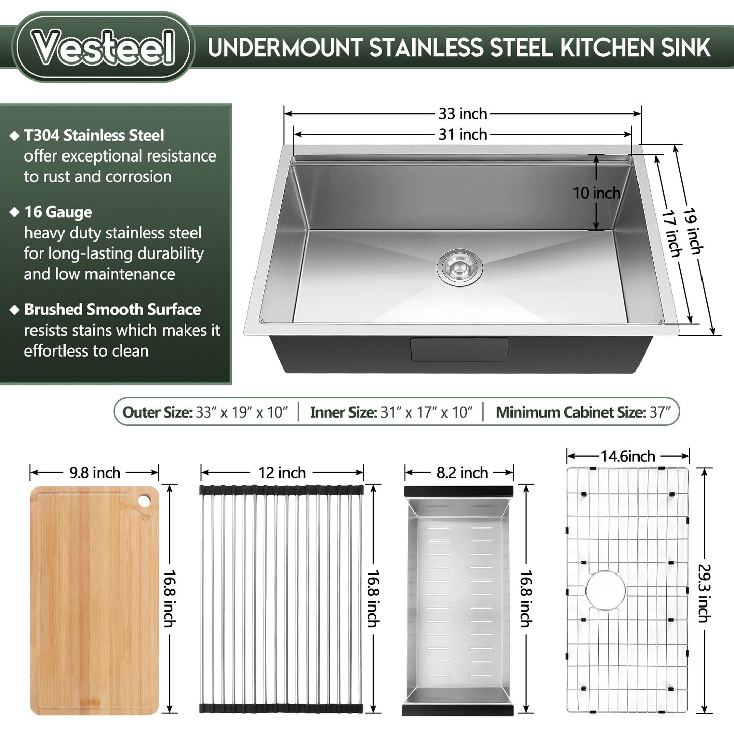 Vesteel Stainless Steel Kitchen Sink, 33” x 19” Undermount Sink 10” Deep Single Bowl Workstation Sink Basin with Sink Accessories