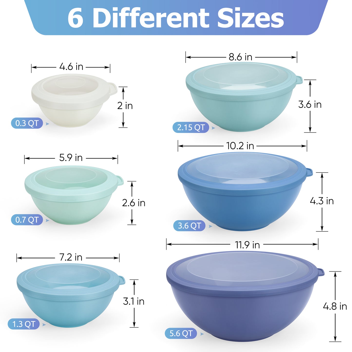 Vesteel 6Pcs Mixing Bowl Set with Lids, Plastic Nesting Bowls for Mixing, Storage, Kitchen Prepping, Serving Food, Microwave & Dishwasher Safe - Blue