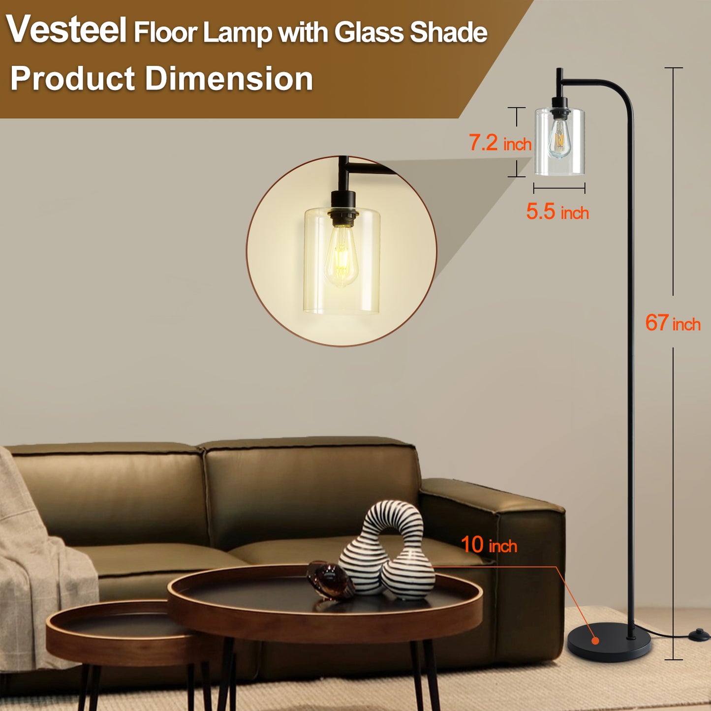 Vesteel Floor Lamp for Living Room, Standing Lamp with 6W LED Bulbs & Glass Lampshade, Industrial Metal Tall Lamp for Bedroom Office Dorm, Foot Pedal Switch & Heavy Base