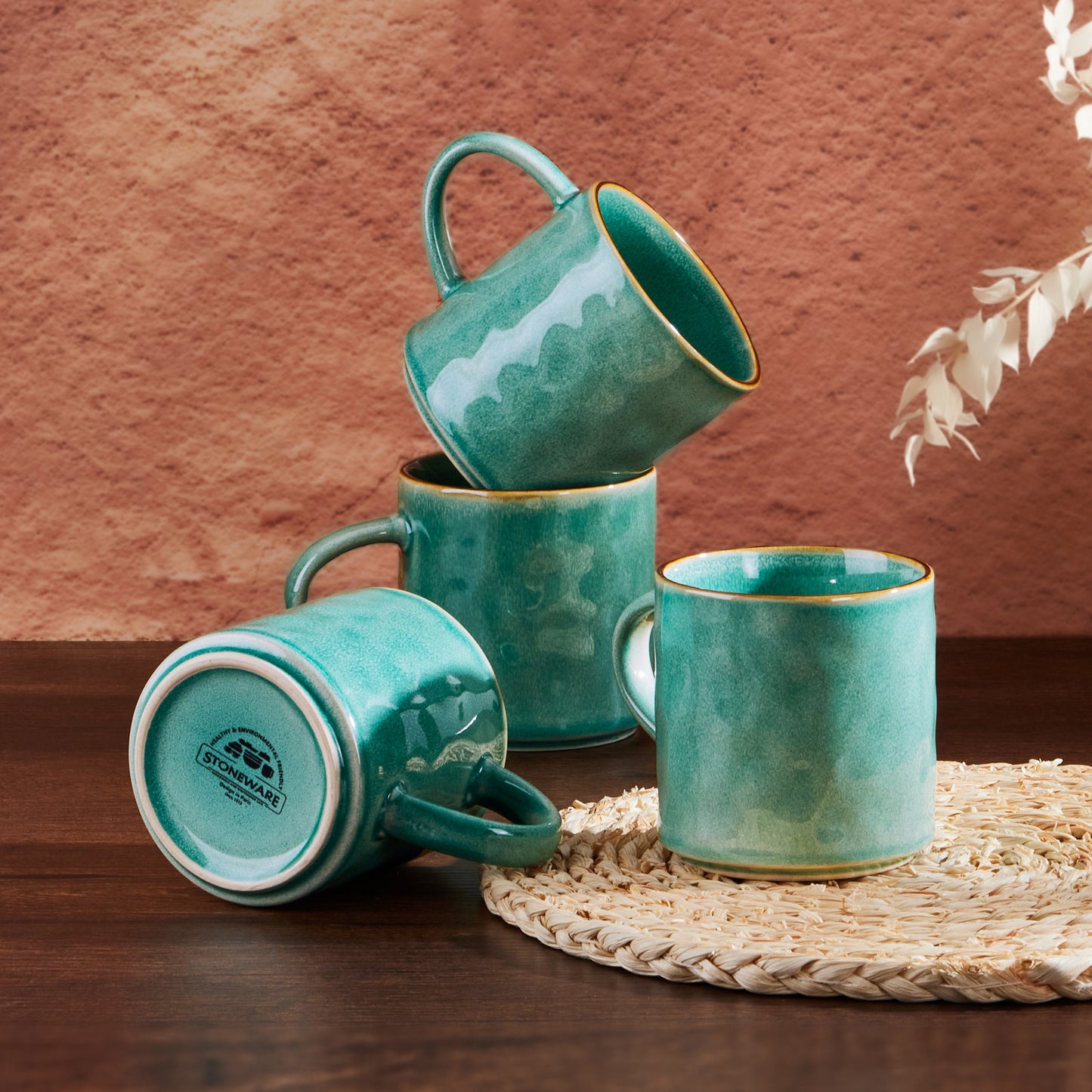 Vesteel Coffee Cups Set of 4, 14oz Ceramic Mugs Set with Handles, Porcelain Mug for Latte Tea Beer Hot Cocoa, Dishwasher & Microwave Safe, Jade Green