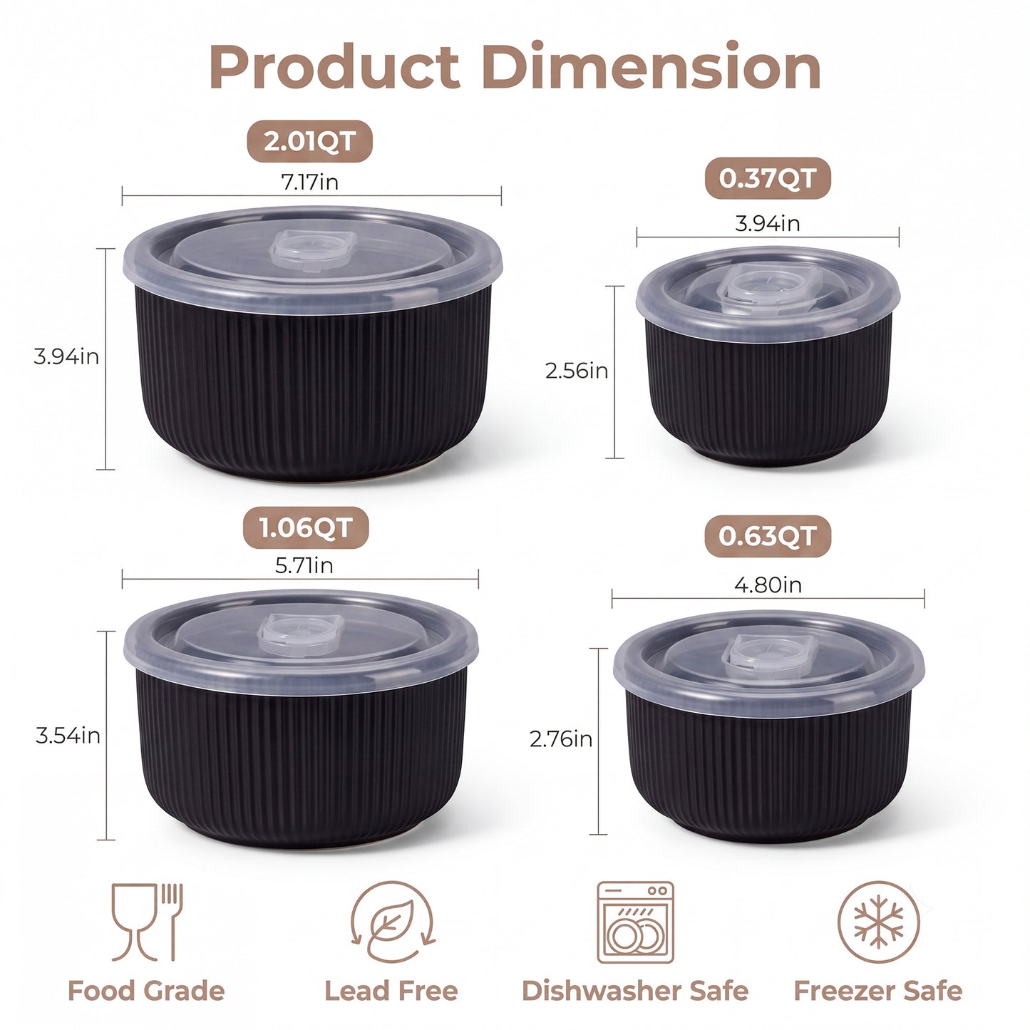 Onader 8-Piece Ceramic Bowls with Lid, Mixing Bowls Set of 4 for Kitchen Meal Prep Food Storage Leftover, Stoneware Serving Bowl for Cooking Baking, Matte Black