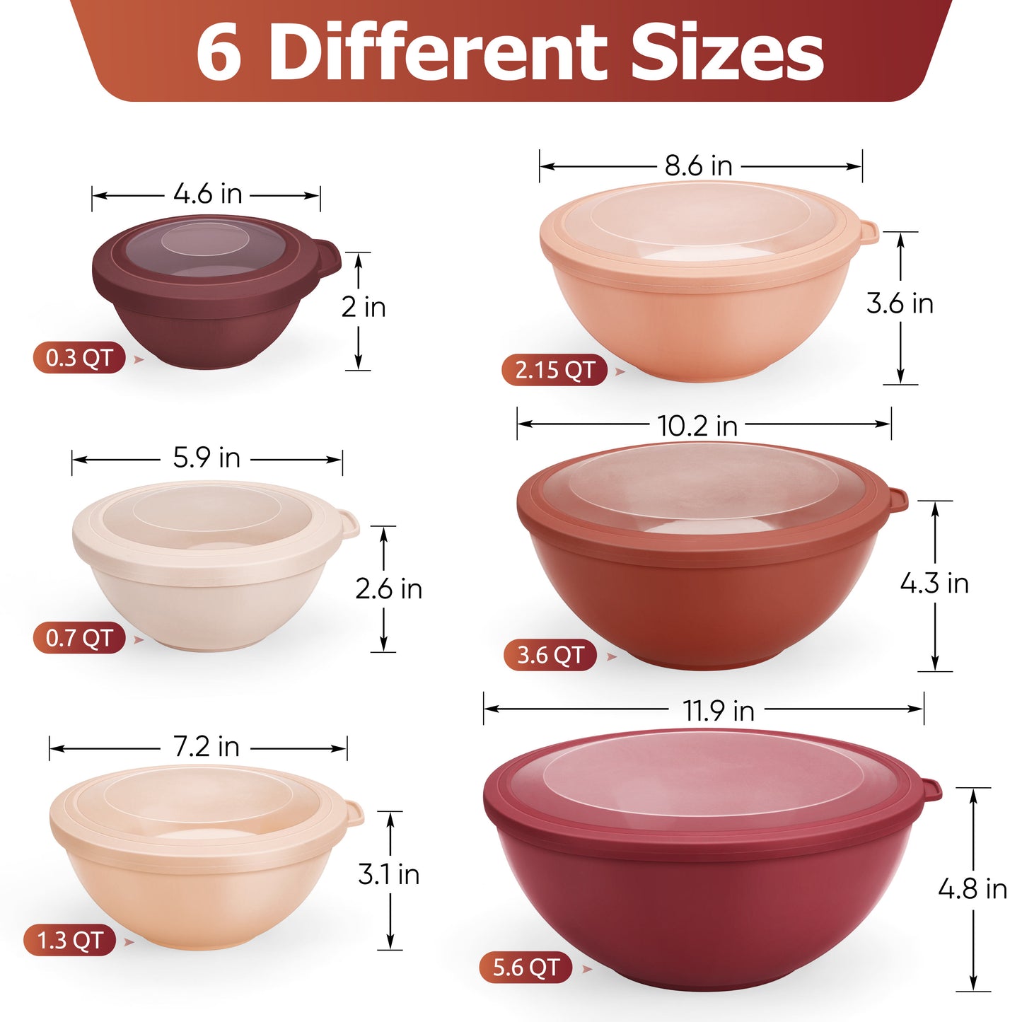 Vesteel 6Pcs Mixing Bowl Set with Lids, Plastic Nesting Bowls for Mixing, Storage, Kitchen Prepping, Serving Food, Microwave & Dishwasher Safe - Red