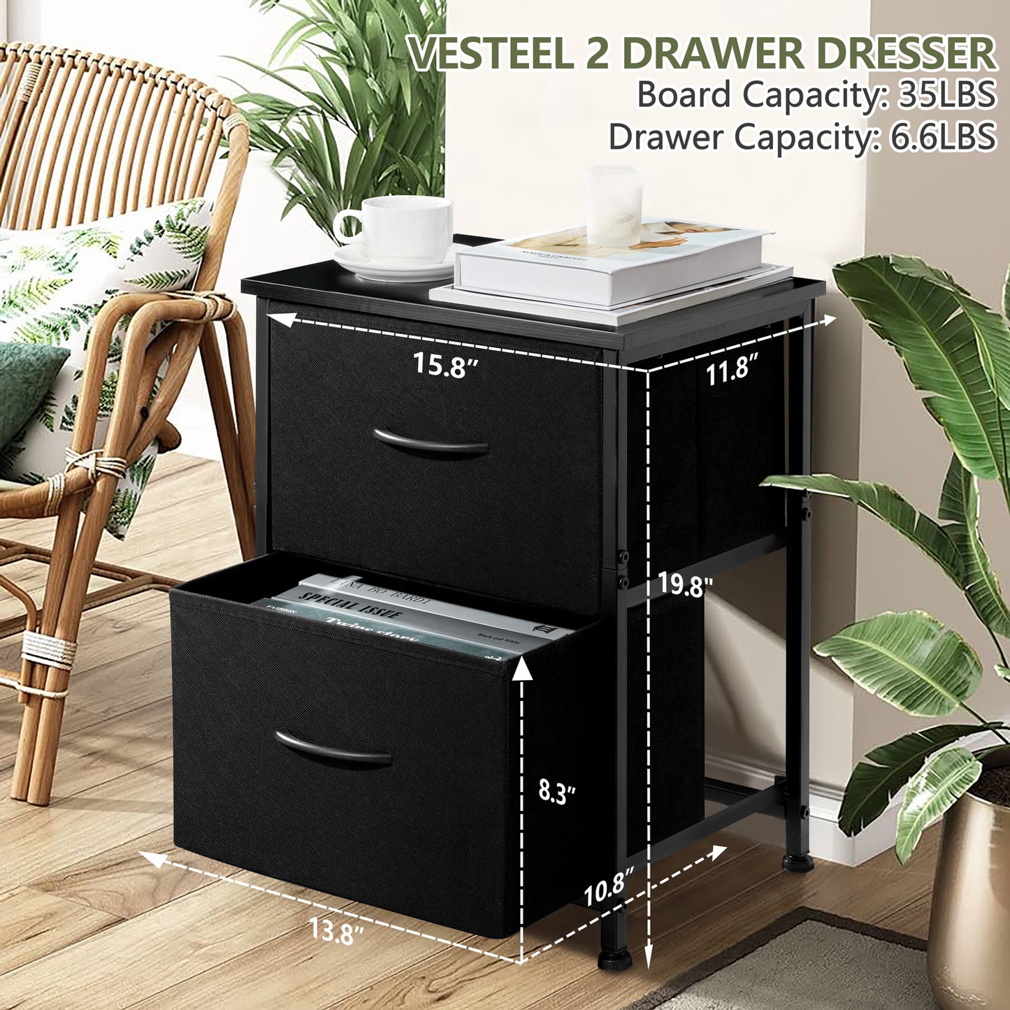 Vesteel Nightstand, 2 Drawers Dresser with Wood Top and Sturdy Steel Frame, Fabric End Table Bedside Furniture Dresser for Bedroom Closet Dorm - Black