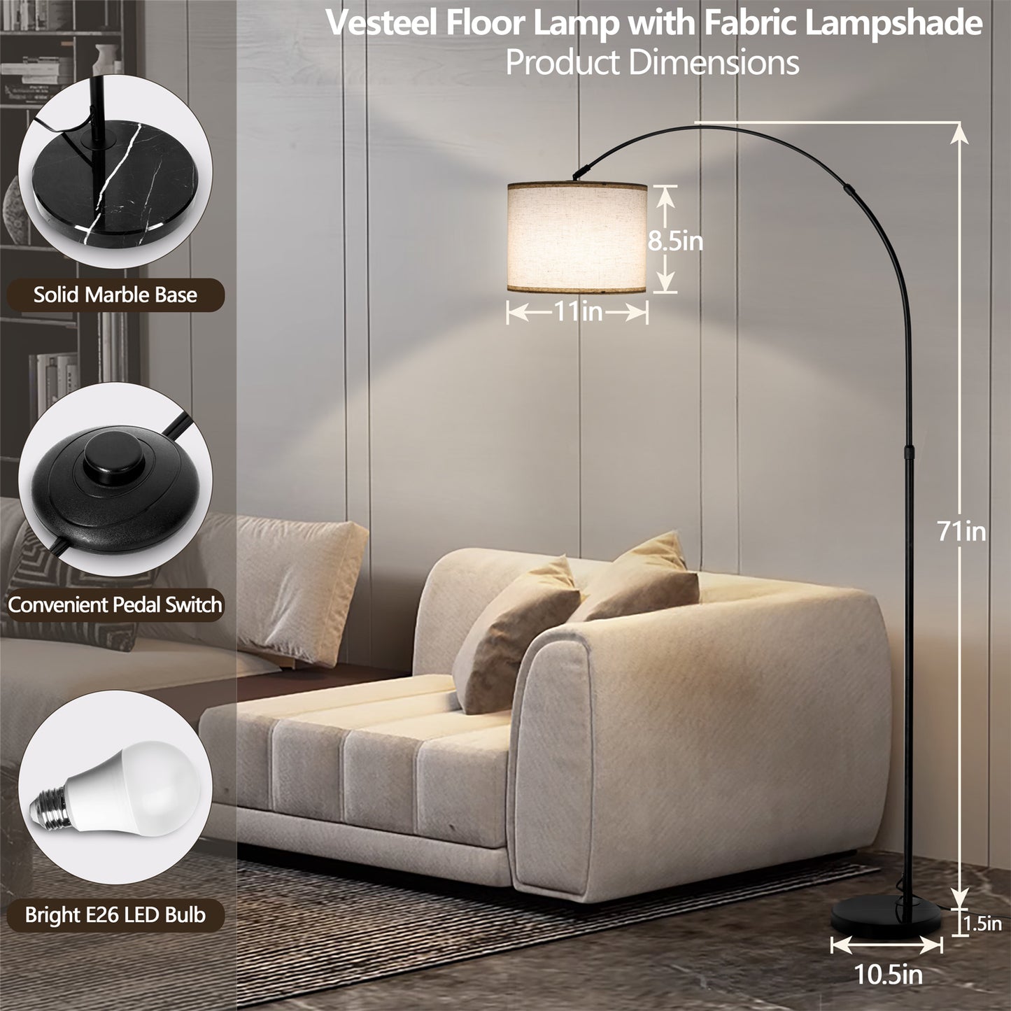 Vesteel Floor Lamp, Dimmable Tall Lamp 3 Color Temperature, Modern Standing Lamp with Adjustable Hanging Linen Shade, Stable Marble Base for Living Room Bedroom Office, Metal Body & Pedal Switch