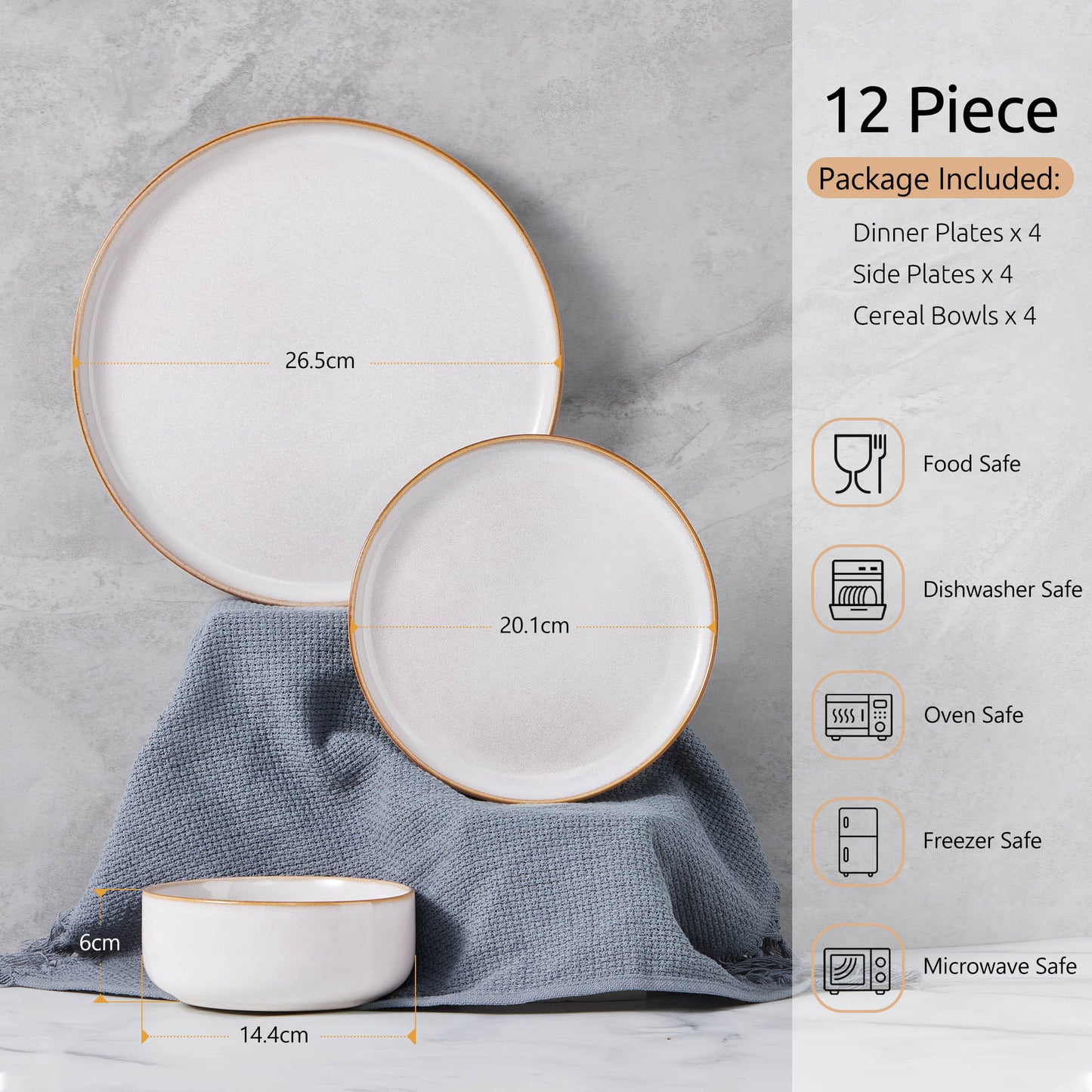 Onader Dinnerware Sets for 6, 18-Piece Plates and Bowls Set, Reactive Glaze Dishes, Stoneware Dinnerware set, Microwave & Dishwasher Safe - Seashell White