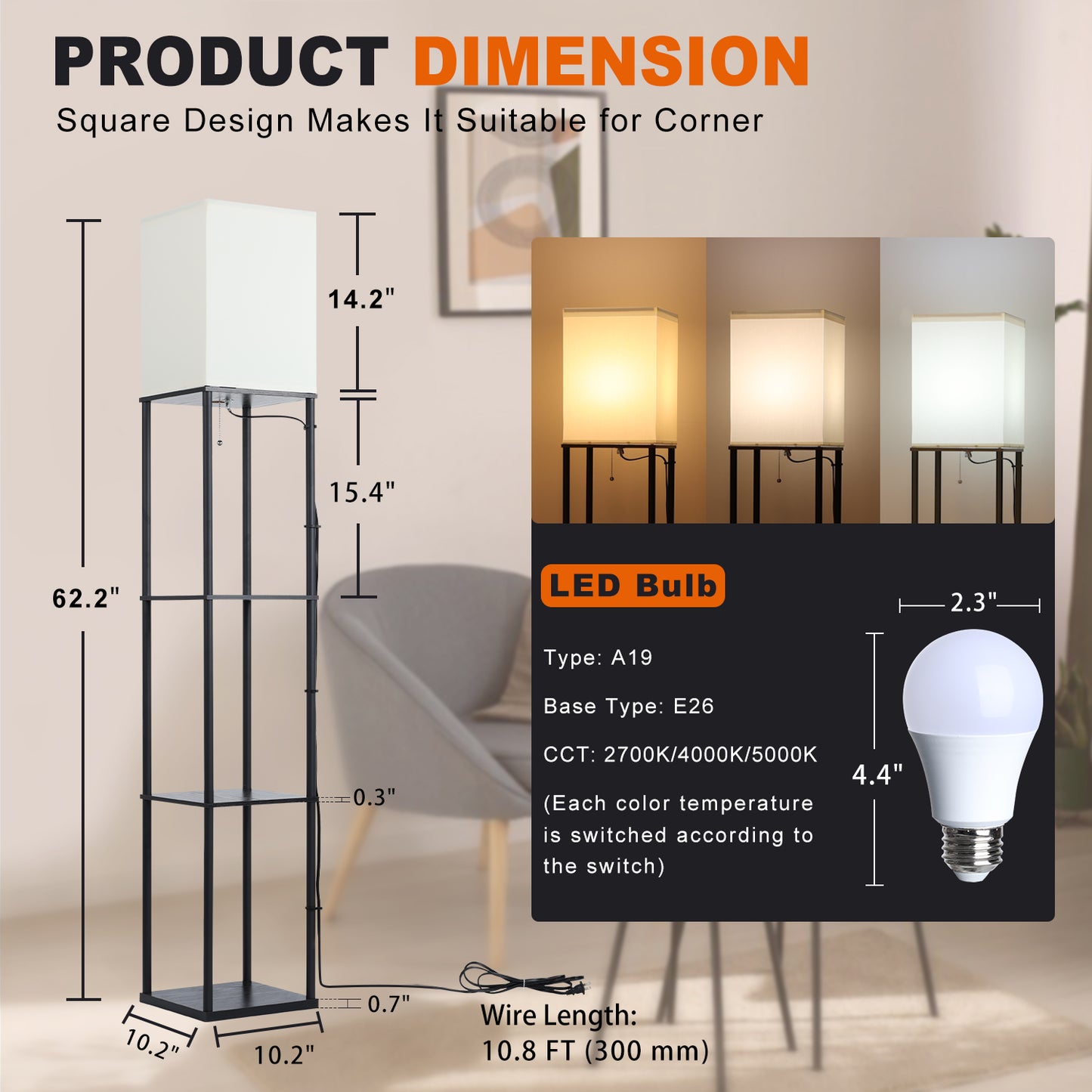 Vesteel Floor Lamp with 3-Tier Shelves, Standing Lamp with 3 Color Adjustable LED Bulb, Modern Square Lamp for Living Room Bedroom Office Kid Room
