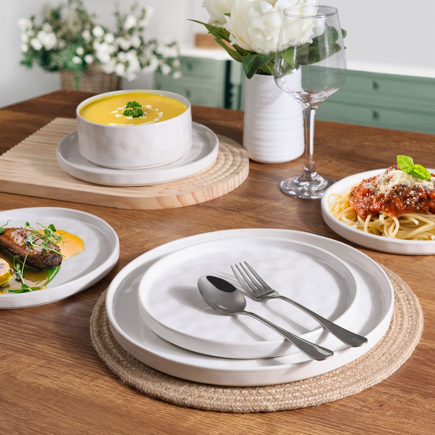 Vesteel Dinnerware Sets, 12-Piece Stoneware Plates and Bowls Set, Dishes Set for 4, Elegant Ceramic Dinnerware for Home Restaurant - Luna White