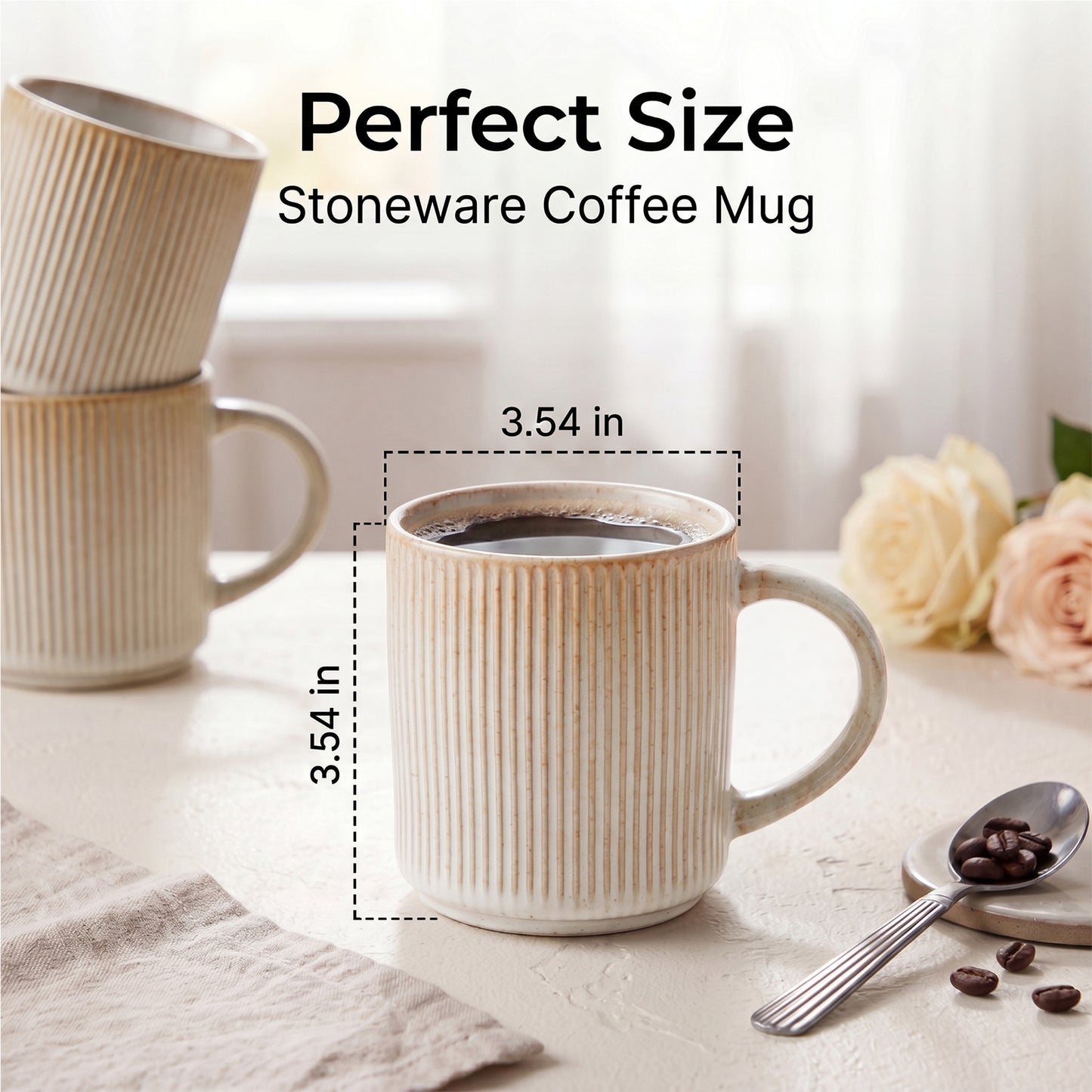 Onader 4-Pieces Coffee Mugs Set, Water Cups with Large Handle, 12 oz Ceramic Mugs Suitable for Tea Milk Latte, Stain-Resistant & Microwave Safe, Beige