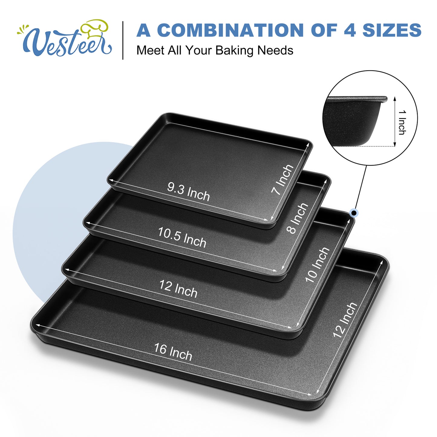 Vesteel Nonstick Baking Sheet Set of 4, Stainless Steel Baking Pan Tray Cookie Sheet, Half Sheet Bakeware Toaster Oven Pans for Baking