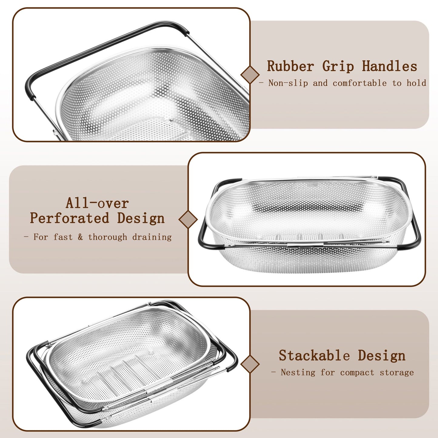 Vesteel Over the Sink Colander, 6 Quart and 8 Quart Stainless Steel Strainer Basket with Extendable Rubber Grip Handles for Kitchen Sink, with Cheese Grater Handheld