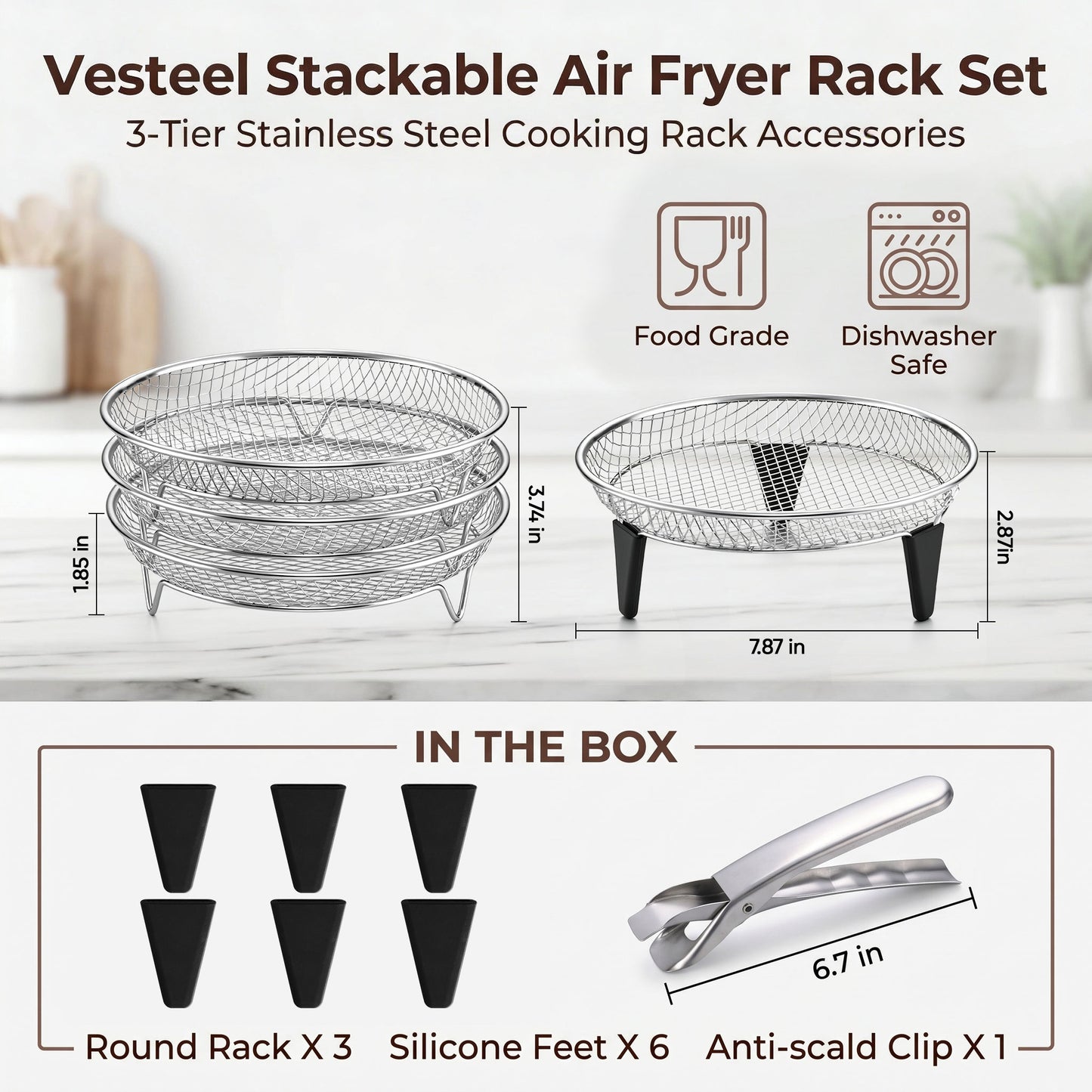 Vesteel Air Fryer Racks, 3 Tier Stainless Steel Air Fryer Basket Accessories, 7.9’’ Round Dehydrator Rack for Oven Baking Frying Roasting, Includes Silicon Feet & Anti-Scald Clamp, Dishwasher Safe