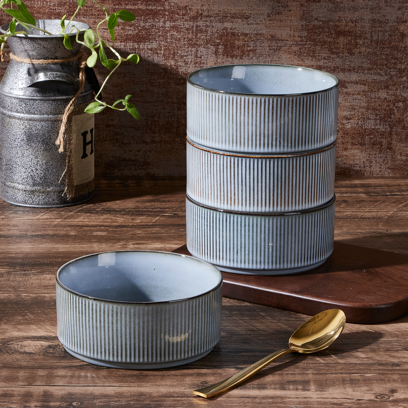 Vesteel Cereal Bowl for 4, 26oz Stoneware Soup Bowls with Textured Stripes, 4-Piece Ceramic Kitchen Bowls for Salad Fruit Pasta Soup, Dishwasher Safe & Microwave Safe, Smoky Blue