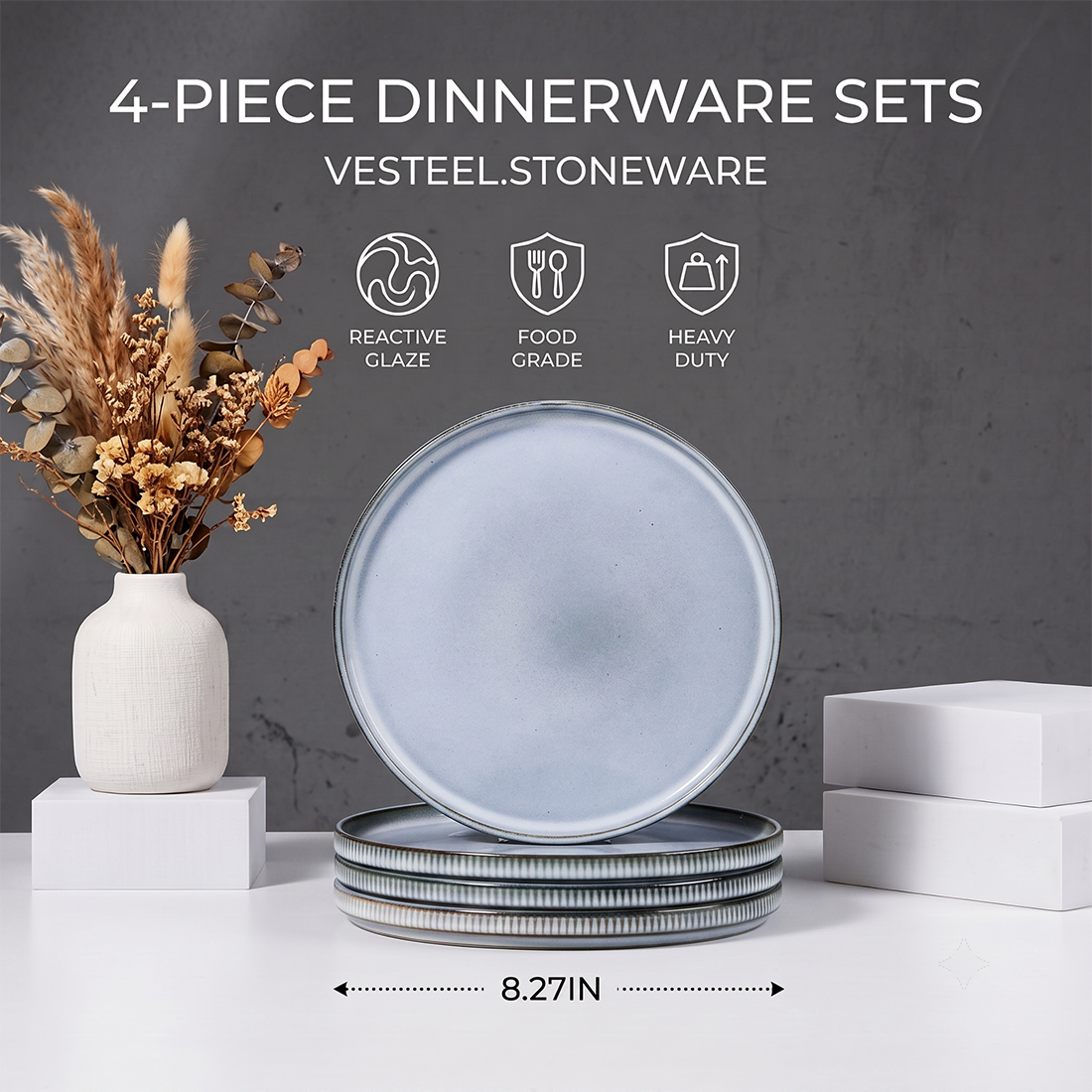 Vesteel Salad Plate for 4, 8 inch Stoneware Dinner plates with Textured Stripes, 4-Piece Ceramic Kitchen Plates for Dessert Salad, Dishwasher Safe & Microwave Safe, Smoky Blue