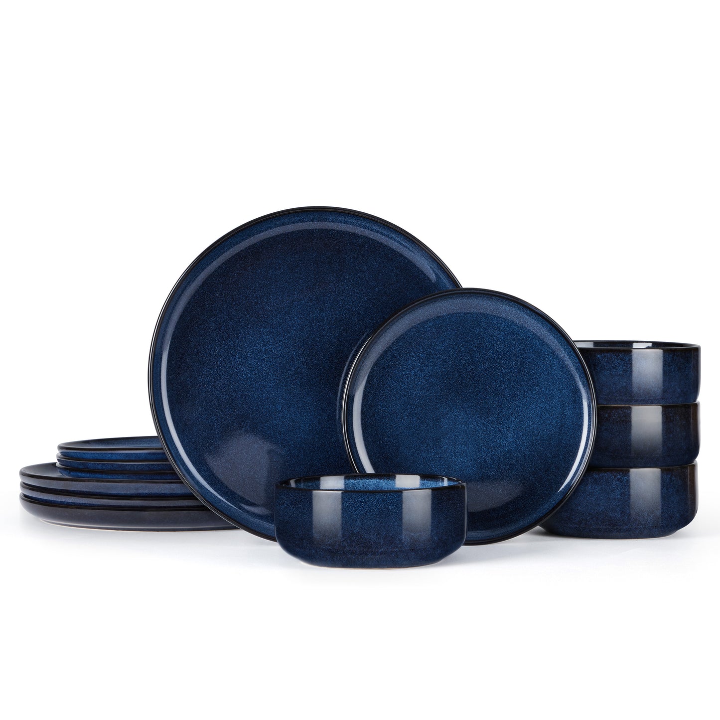 Vesteel Dinnerware Sets for 4, 12-Piece Stoneware Dish and Bowls Set, Handmade Reactive Glaze Coupe Plates Set for Family, Chip & Scratch Resistant - Ocean Blue