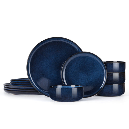Vesteel Dinnerware Sets for 4, 12-Piece Stoneware Dish and Bowls Set, Handmade Reactive Glaze Coupe Plates Set for Family, Chip & Scratch Resistant - Ocean Blue