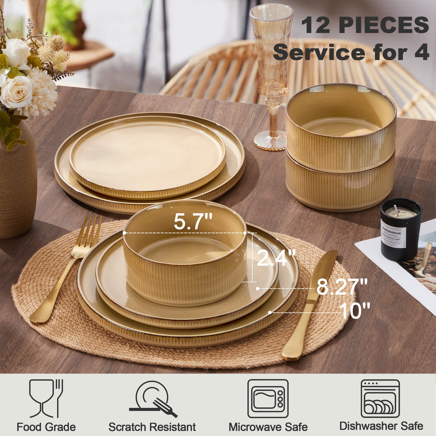 Vesteel Dinnerware Set for 4, 12-Piece Premium Stoneware Ribbed Dishes with Reactive Glaze, Chip & Scratch Resistant Plates and Bowls Set for Home Restaurant, Microwave and Dishwasher Safe - Khaki