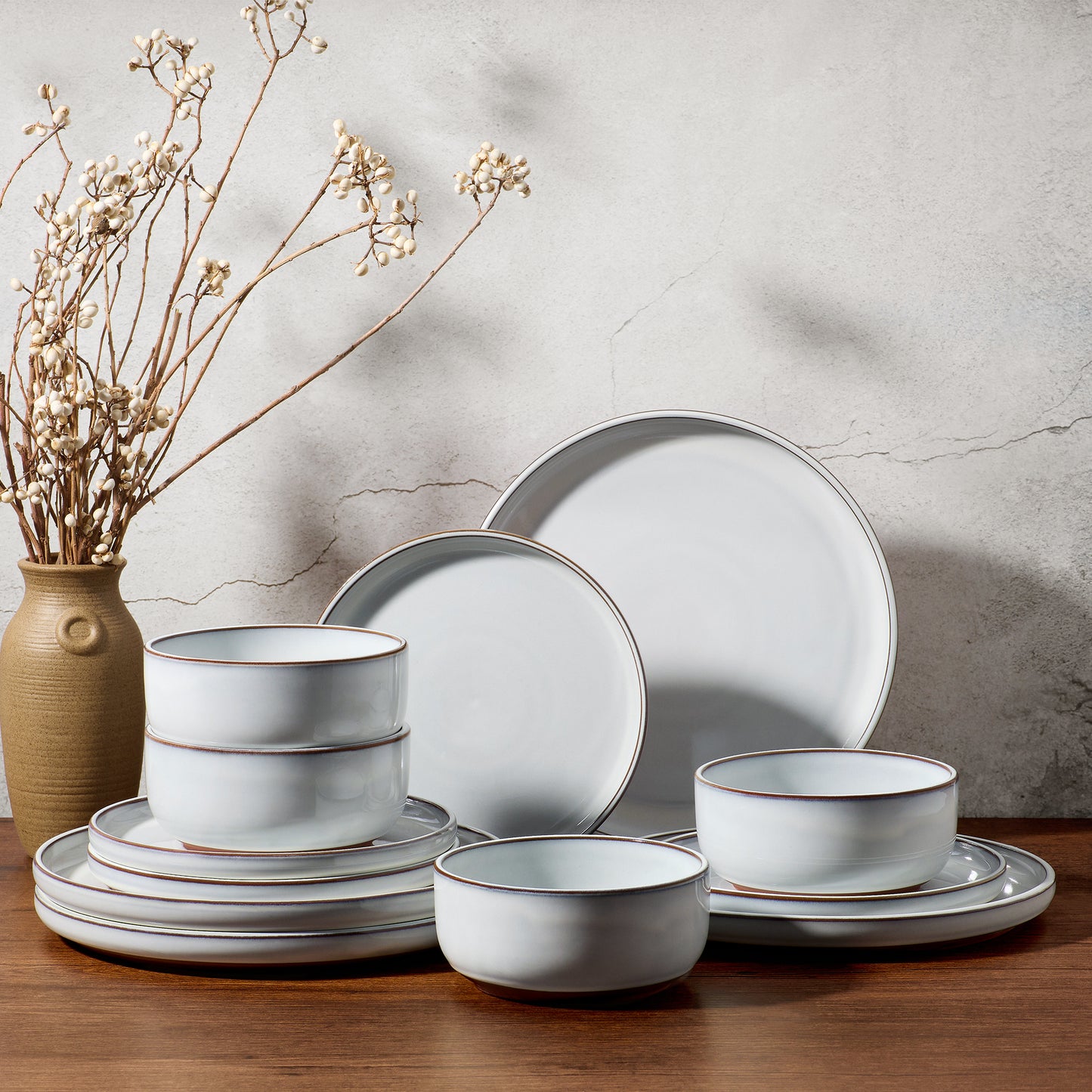 Vesteel 12-Piece Dinnerware Sets, Stoneware Dish and Bowls Set for 4, Ceramic Plates Set with Zisha Clay Base for Home Kitchen, Chip & Scratch Resistant - Ivory White