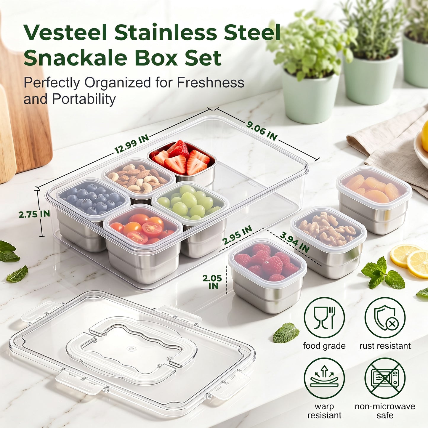 Vesteel Stainless Steel Snackle Box Container, 8-Compartment Divided Tray with Lid and Handle, Portable Snack Container for Fruit Candy Nuts, Snack Serving Platter for Beach Travel & Picnic