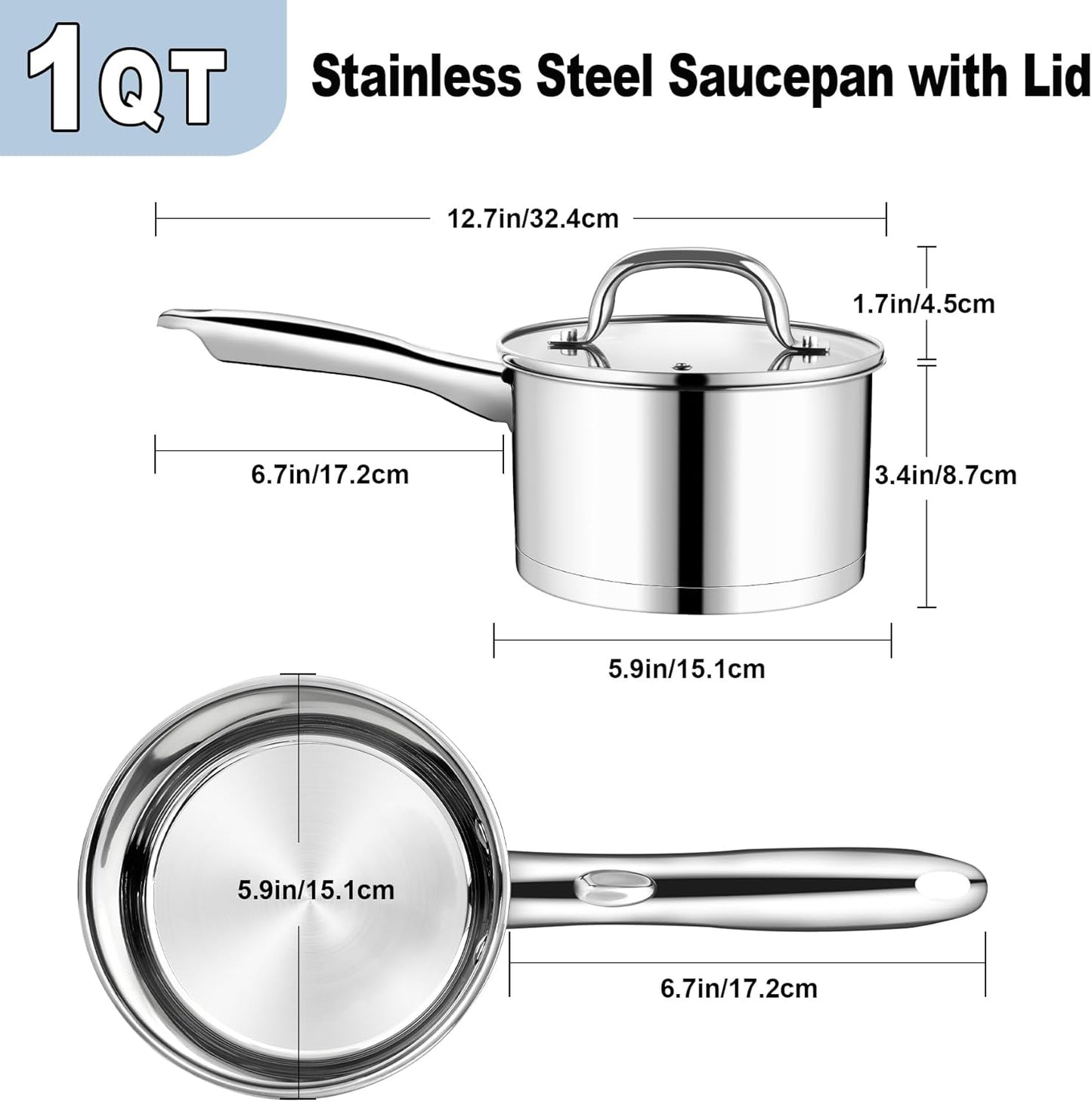 Vesteel 1QT Saucepan with Lid, Stainless Steel Milk Sauce Pan with Tri-ply Composite Bottom, Induction Cooking Pot for Making Pasta, Boiling Soup, Warming Milk, Dishwasher Safe