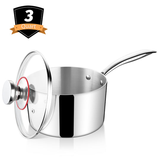 Vesteel 3 Quart Saucepan with Lid, Tri-Ply Stainless Steel Sauce Pan, 3qt Small Induction Cooking Pot with Ergonomic Handle, Small Pan for Making Sauce, Warming Milk, Boiling Eggs, Dishwasher Safe