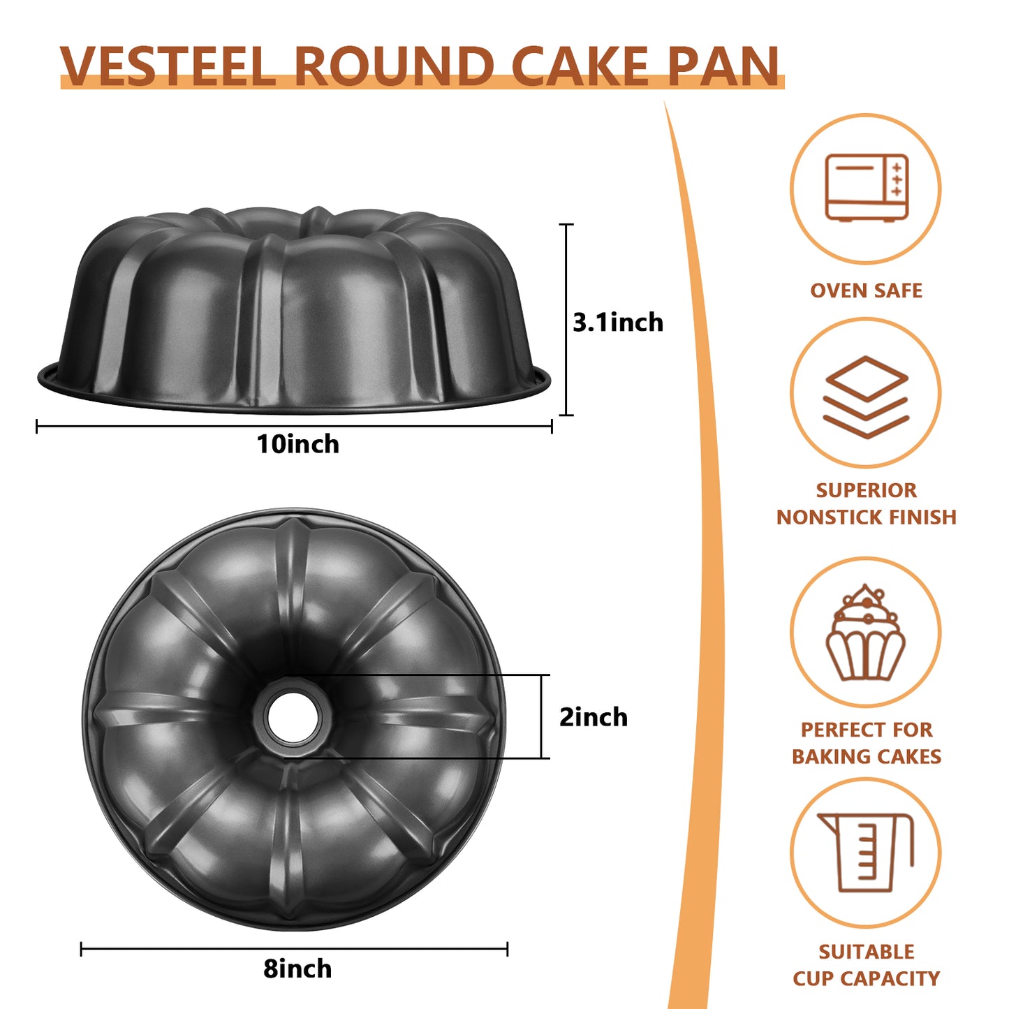 Vesteel 10” Bundt Cake Pan, Non-Stick Pan for Baking Brownie Flan Meatloaf, Carbon Steel Bakeware with Tube for Birthday Wedding Events, Heavy Duty & Durable - Grey